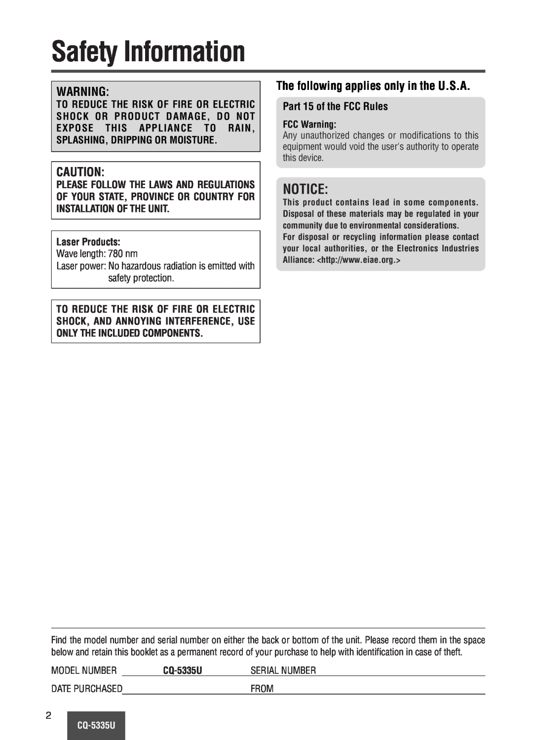 Panasonic CQ-5335U operating instructions Safety Information, The following applies only in the U.S.A, Serial Number 