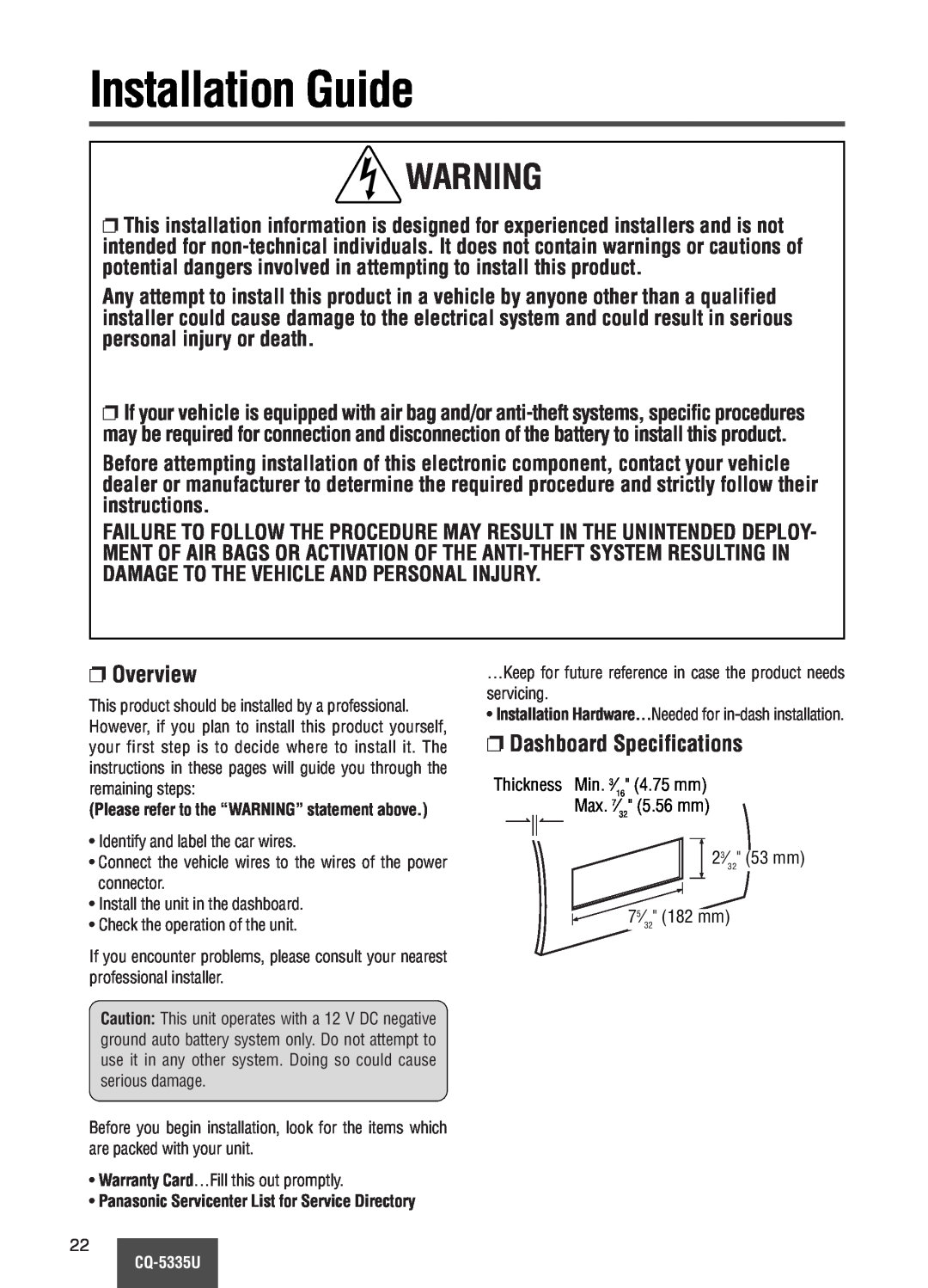 Panasonic CQ-5335U operating instructions Installation Guide, Overview, Dashboard Specifications 