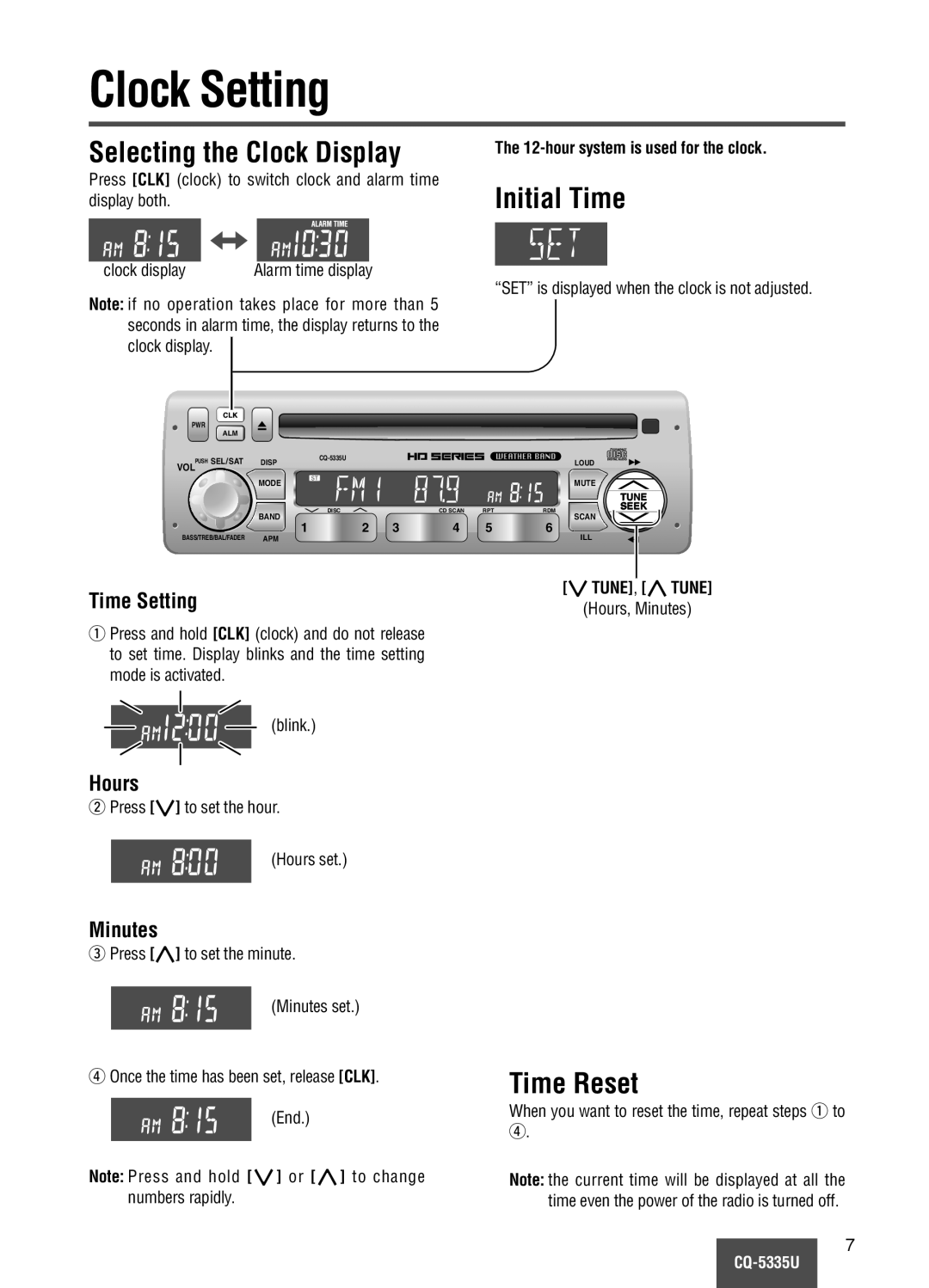 Panasonic CQ-5335U Clock Setting, Selecting the Clock Display, Initial Time, Time Reset, Time Setting, Hours, Minutes 