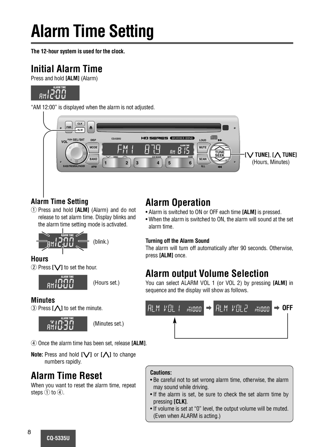 Panasonic CQ-5335U Alarm Time Setting, Initial Alarm Time, Alarm Operation, Alarm output Volume Selection, Hours, Minutes 