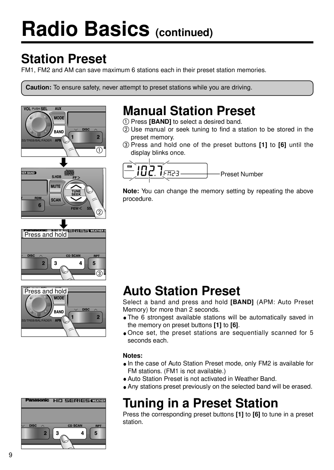 Panasonic CQ-5500U, 5300U manual Manual Station Preset, Auto Station Preset, Tuning in a Preset Station, Press and hold 