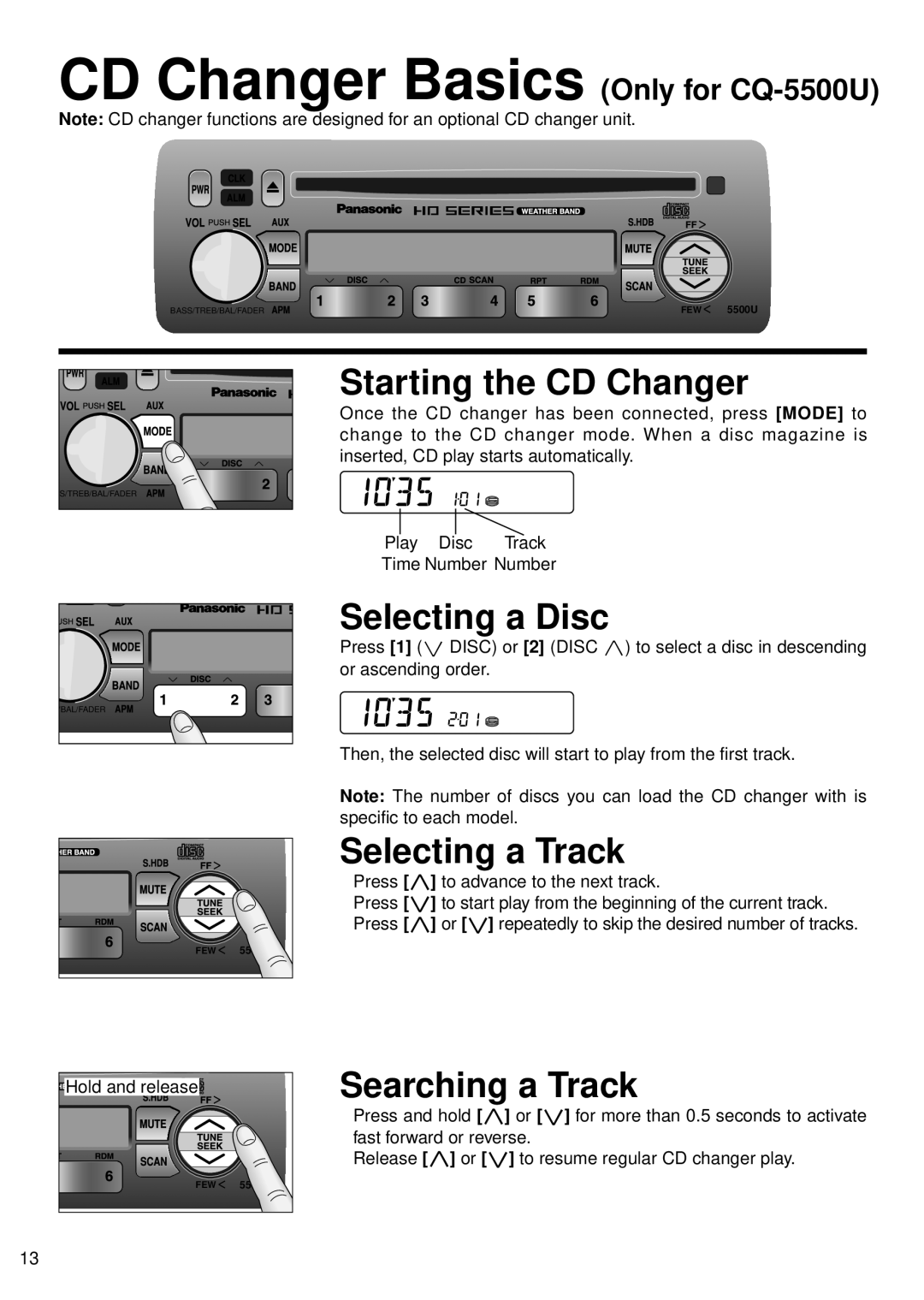 Panasonic CQ-5500U, 5300U manual Starting the CD Changer, Selecting a Disc, Selecting a Track 