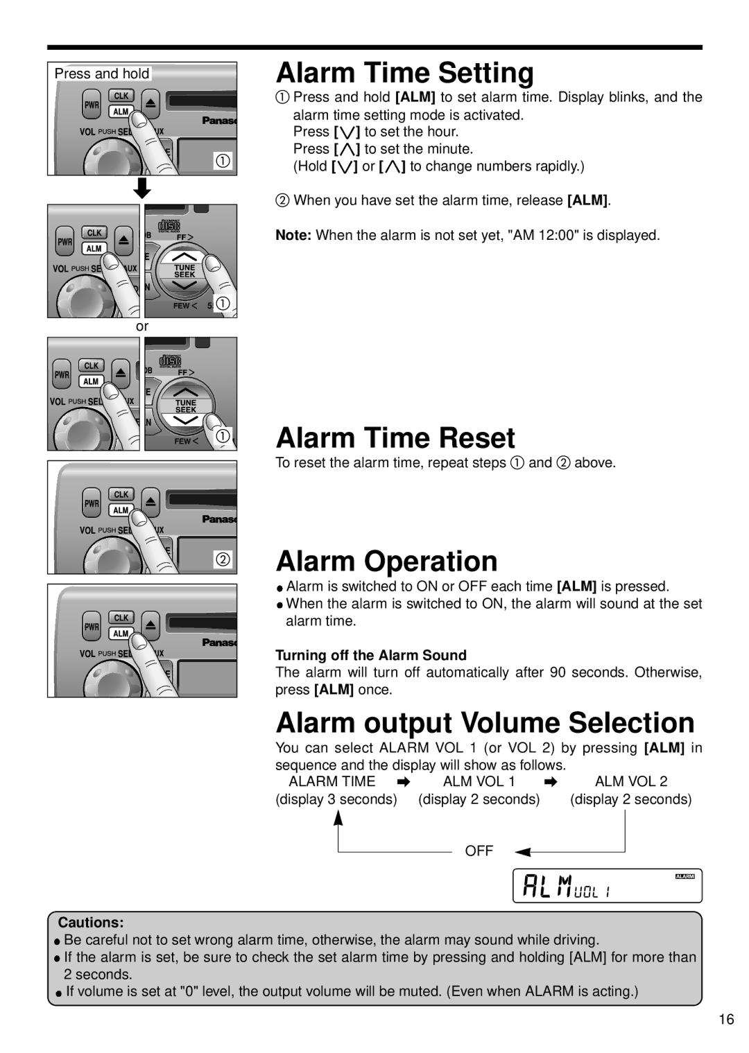 Panasonic 5300U, CQ-5500U manual Alarm Time Setting, Alarm Time Reset, Alarm Operation, Alarm output Volume Selection 