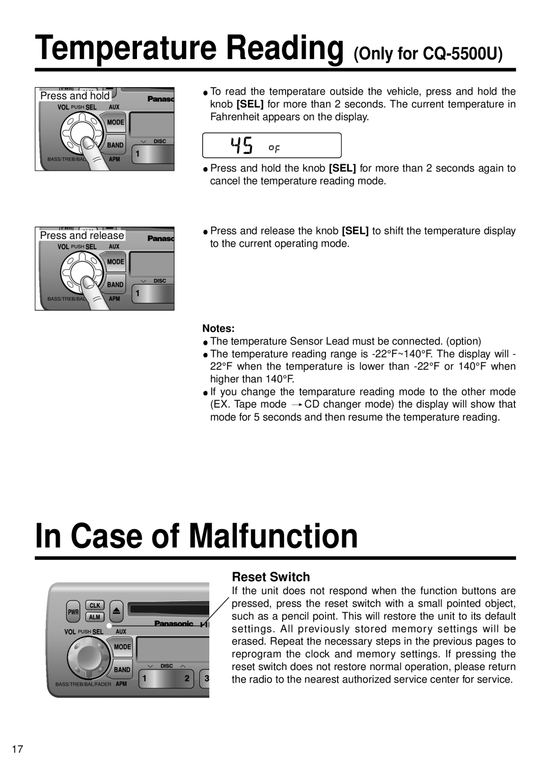 Panasonic CQ-5500U, 5300U manual Case of Malfunction, Reset Switch 