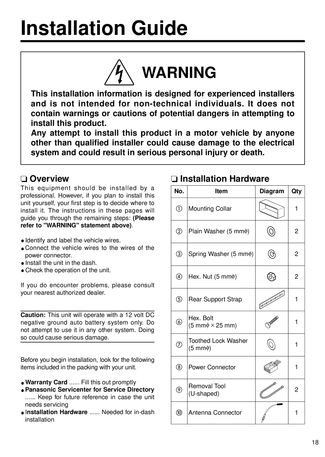 Panasonic 5300U, CQ-5500U manual Installation Guide, Overview, Installation Hardware 