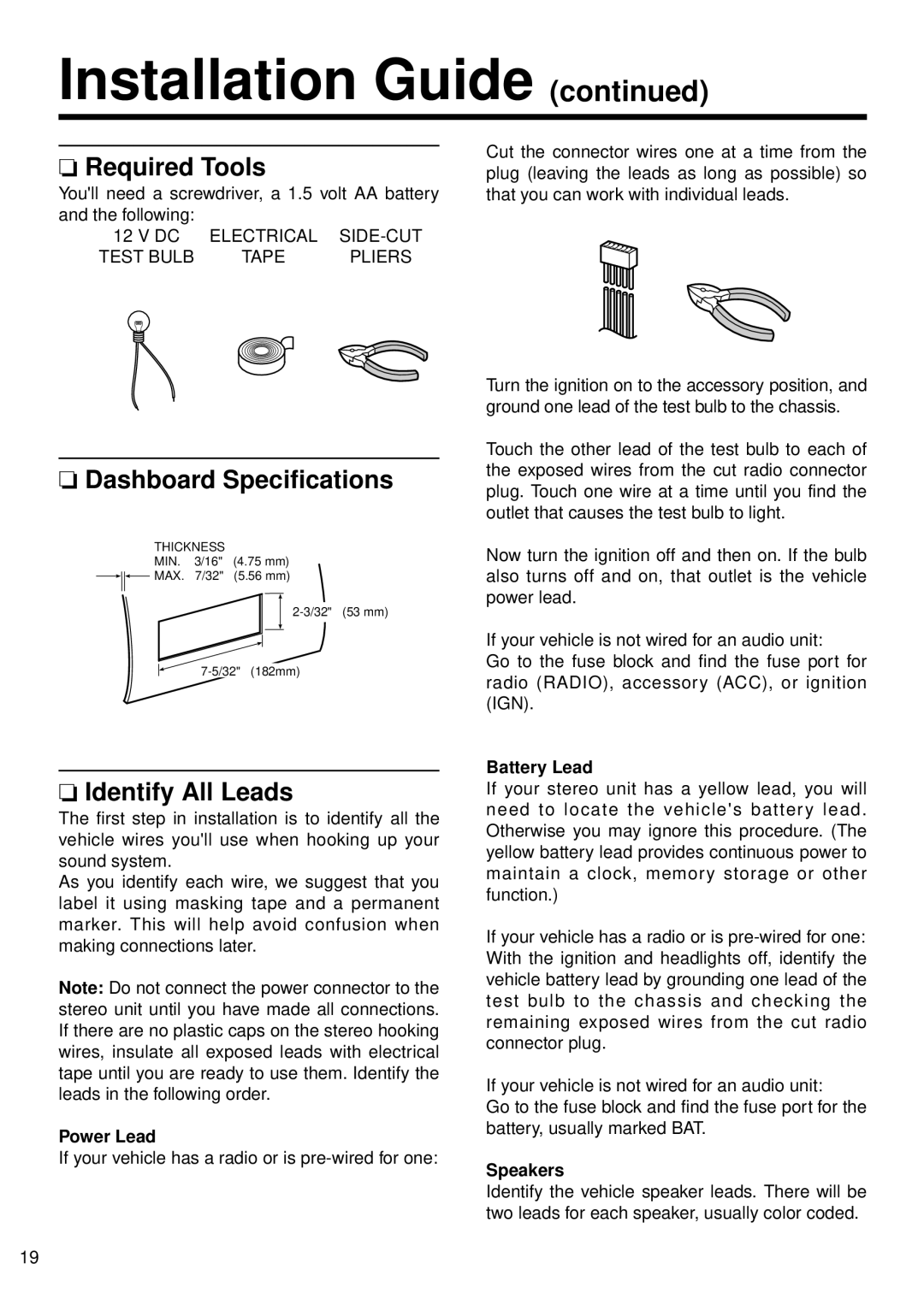 Panasonic CQ-5500U, 5300U manual Required Tools, Dashboard Specifications, Identify All Leads 