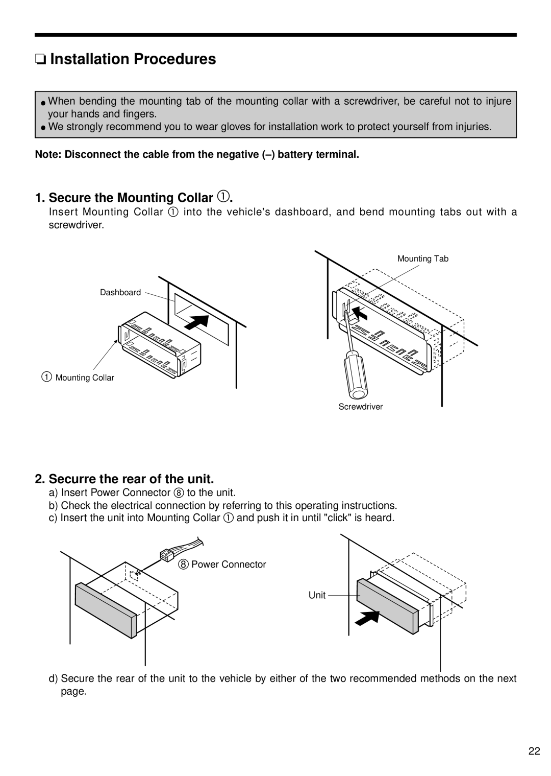 Panasonic 5300U, CQ-5500U manual Installation Procedures, Secure the Mounting Collar, Securre the rear of the unit 