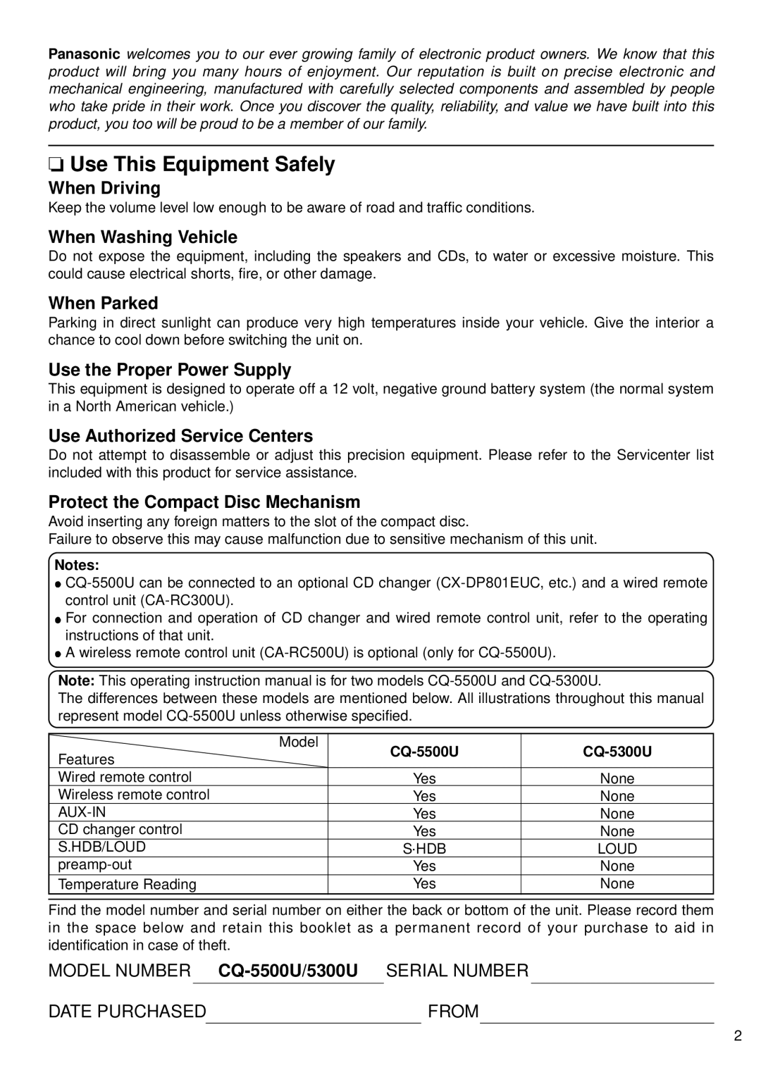 Panasonic 5300U, CQ-5500U manual Use This Equipment Safely 