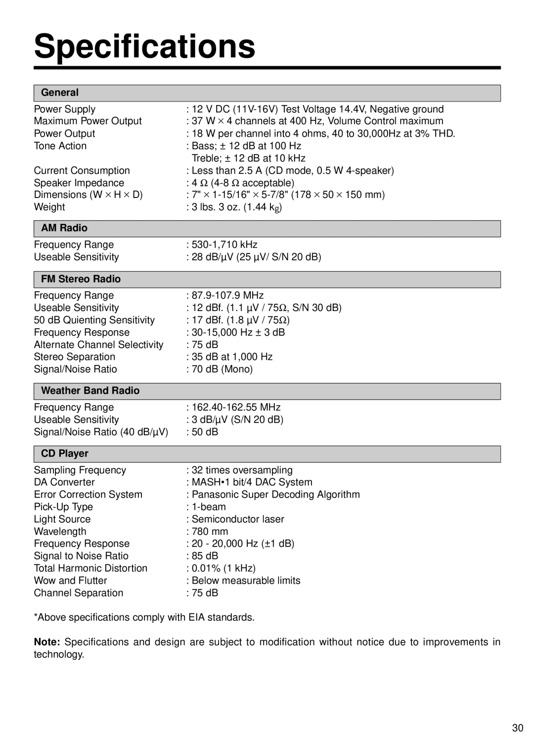 Panasonic 5300U, CQ-5500U manual Specifications 