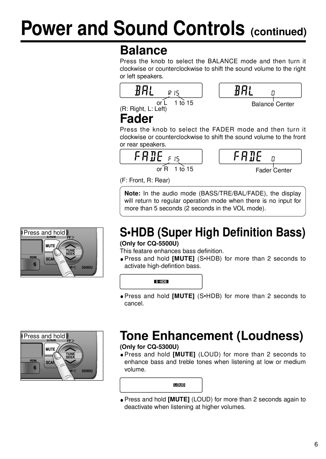 Panasonic manual Balance, Fader, Tone Enhancement Loudness, Only for CQ-5500U, Only for CQ-5300U 