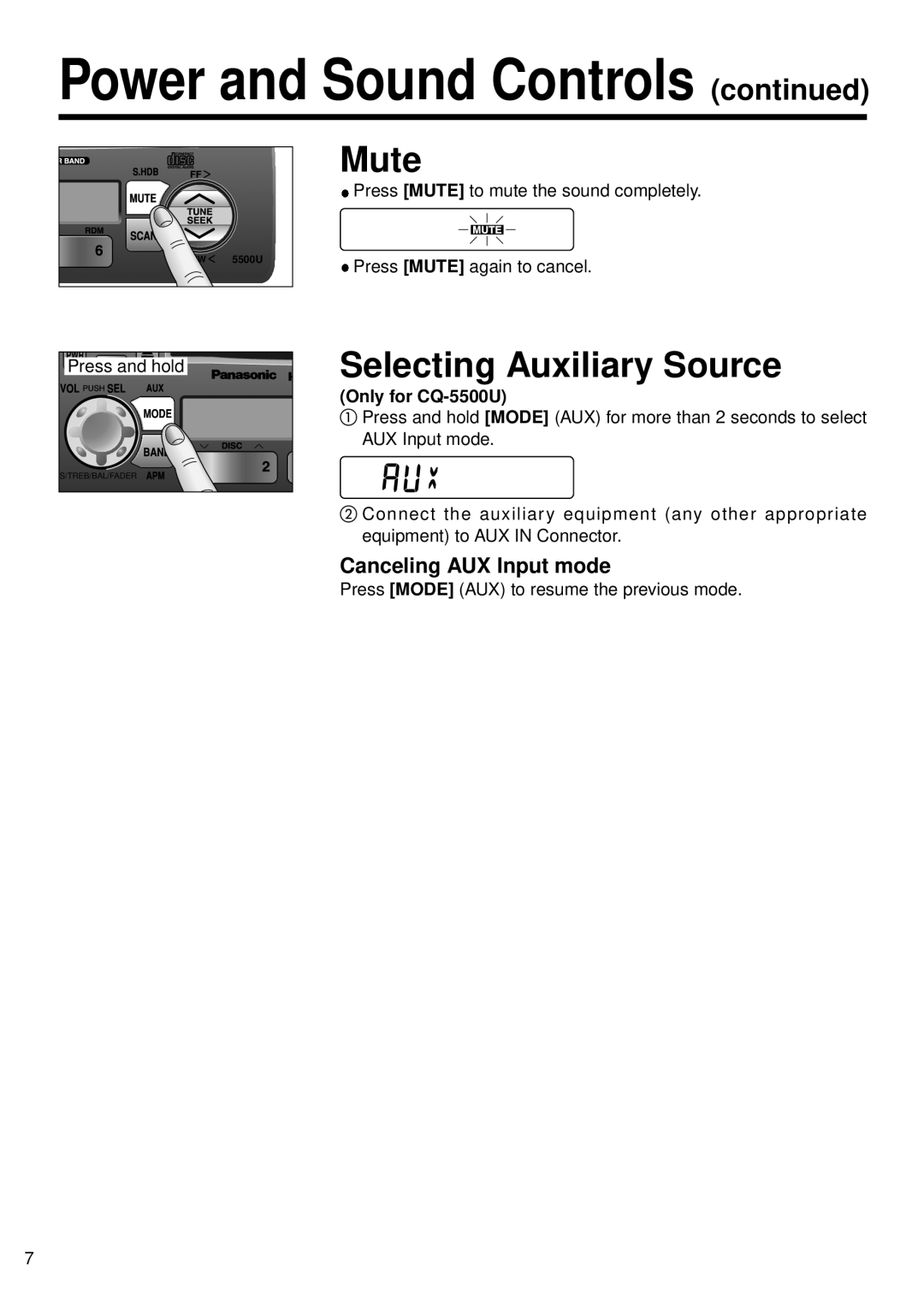 Panasonic CQ-5500U, 5300U manual Mute, Selecting Auxiliary Source, Canceling AUX Input mode 