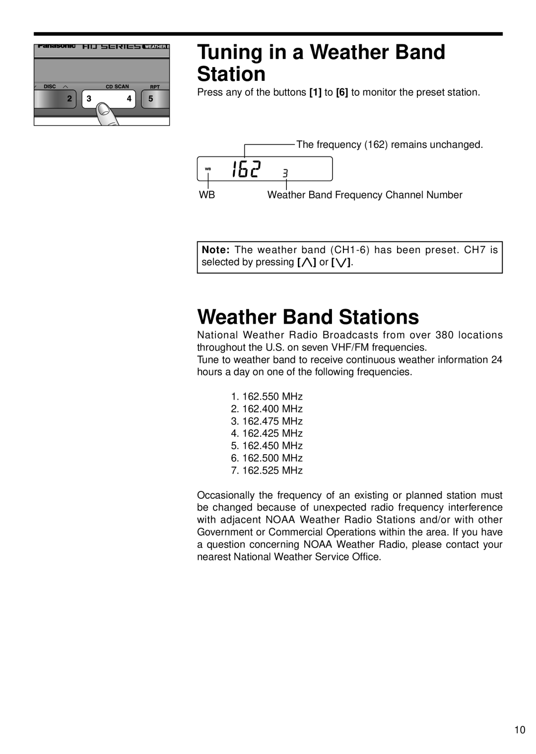 Panasonic 5300U, CQ-5500U manual Tuning in a Weather Band Station, Weather Band Stations 