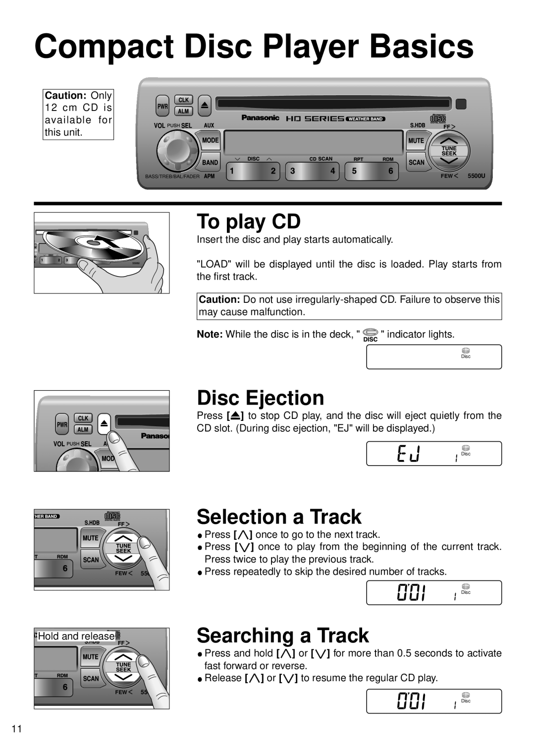 Panasonic CQ-5500U, 5300U manual Compact Disc Player Basics, To play CD, Disc Ejection, Selection a Track, Searching a Track 