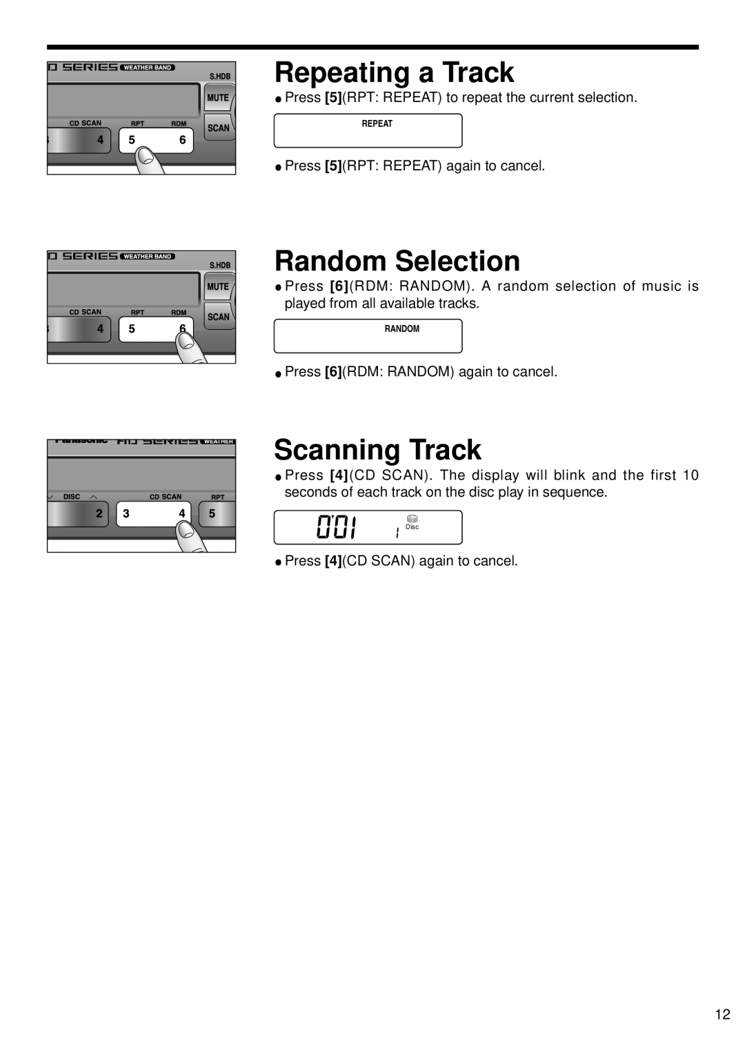 Panasonic 5300U, CQ-5500U manual Repeating a Track, Random Selection, Scanning Track 