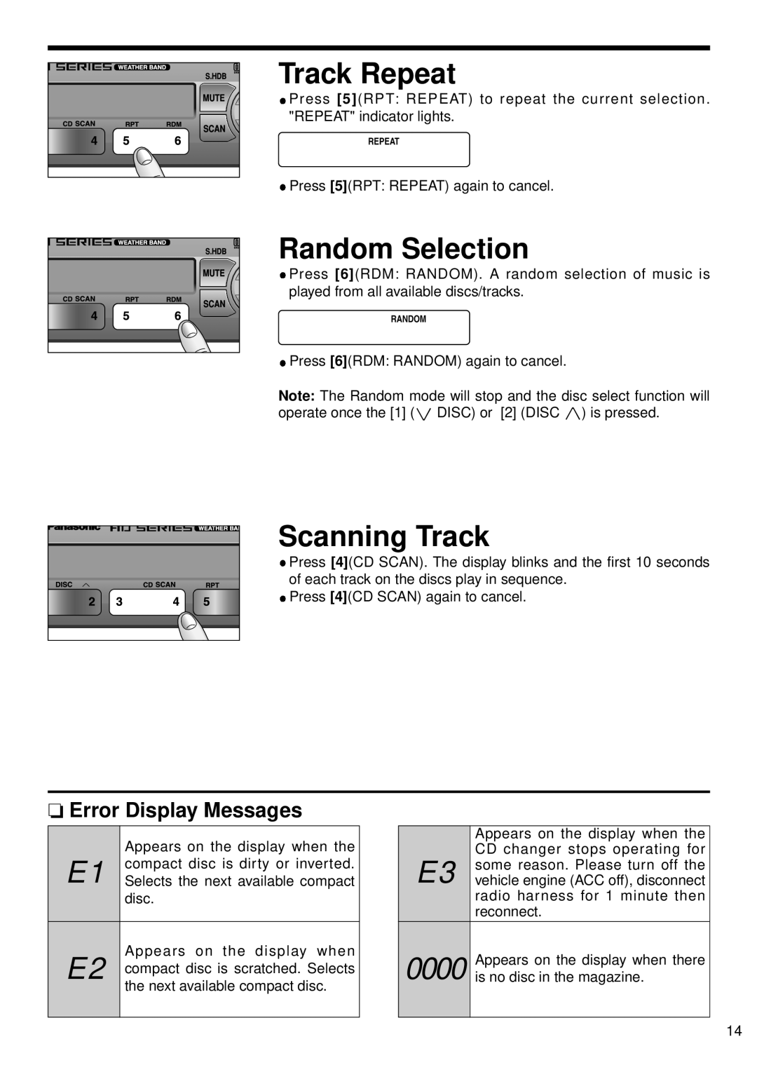 Panasonic 5300U, CQ-5500U manual Track Repeat, Error Display Messages, Random Selection, Scanning Track, 0000 
