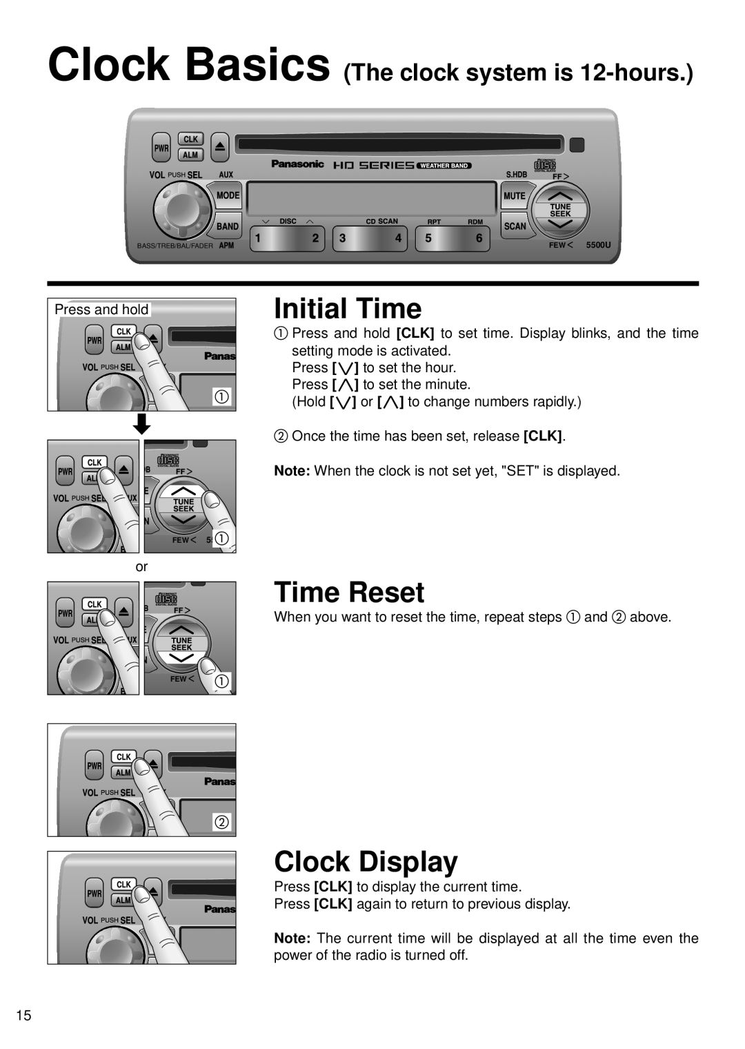 Panasonic CQ-5500U, 5300U manual Initial Time, Time Reset, Clock Display, Clock Basics The clock system is 12-hours 