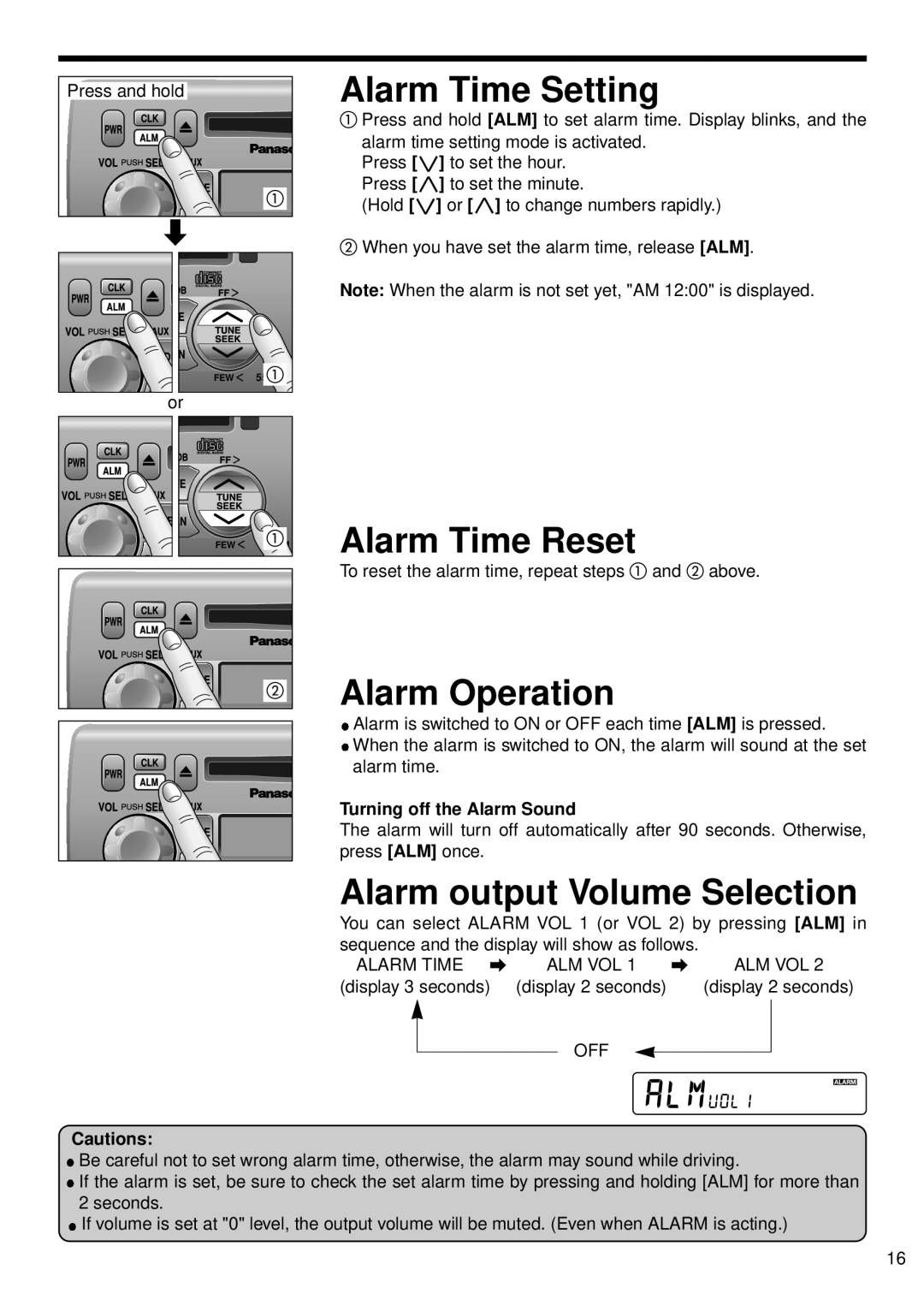 Panasonic 5300U, CQ-5500U Alarm Time Setting, Alarm Time Reset, Alarm Operation, Alarm output Volume Selection, Cautions 
