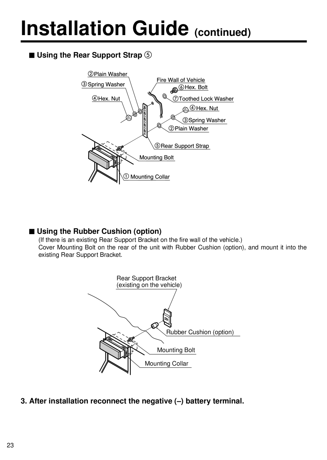 Panasonic CQ-5500U, 5300U manual Installation Guide continued, Using the Rear Support Strap, Using the Rubber Cushion option 