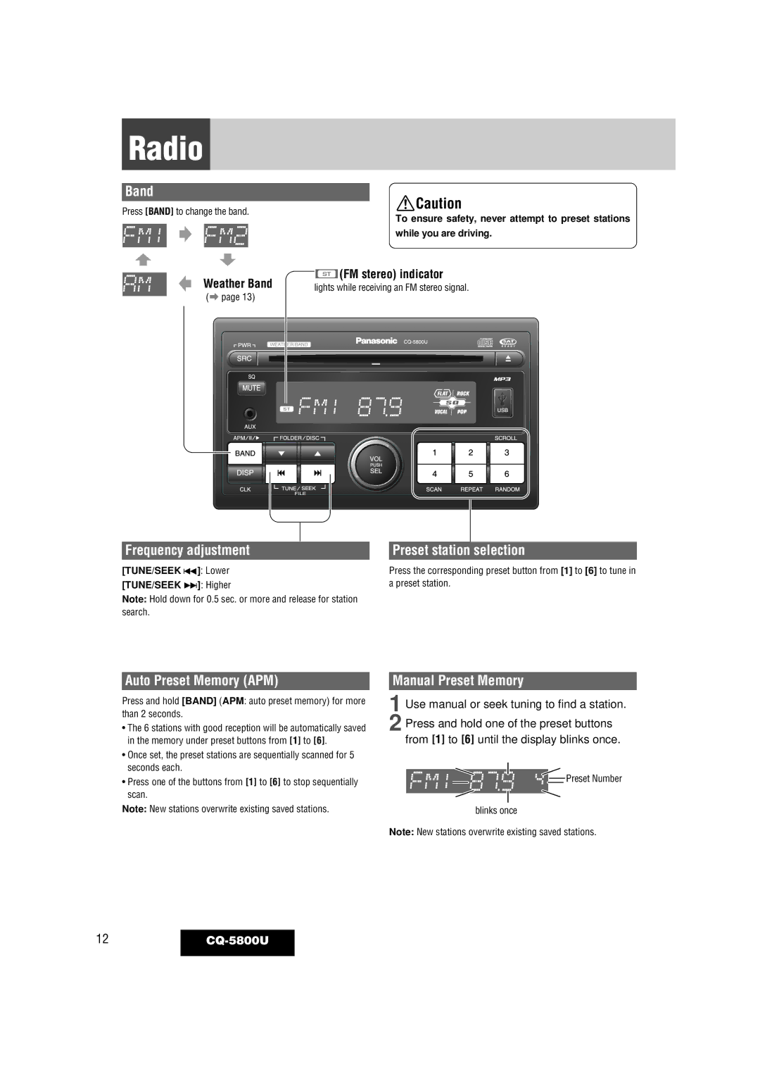 Panasonic CQ-5800U warranty Radio, Frequency adjustment Preset station selection, Auto Preset Memory APM, Weather Band 