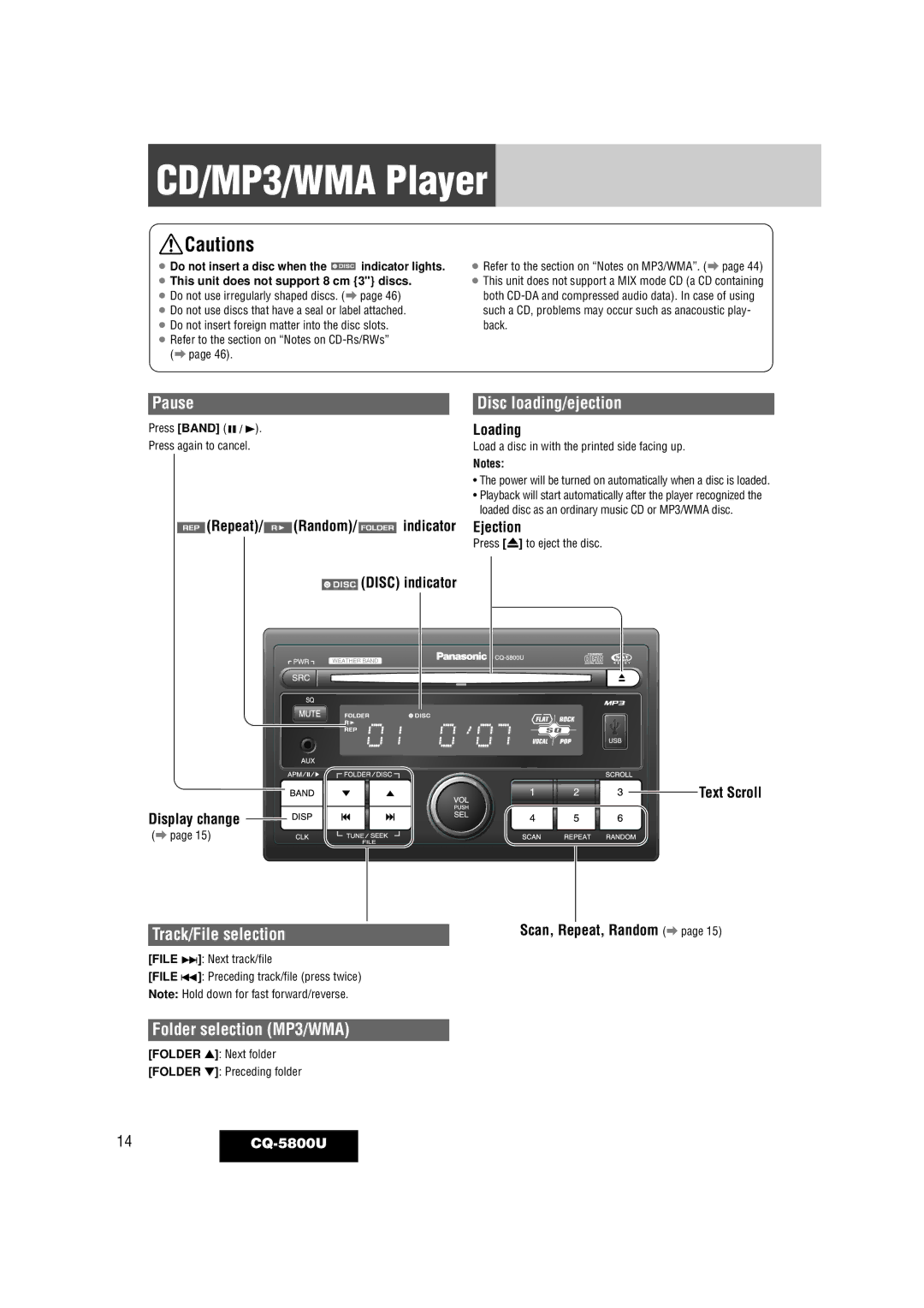 Panasonic CQ-5800U warranty CD/MP3/WMA Player, Pause, Track/File selection, Folder selection MP3/WMA 