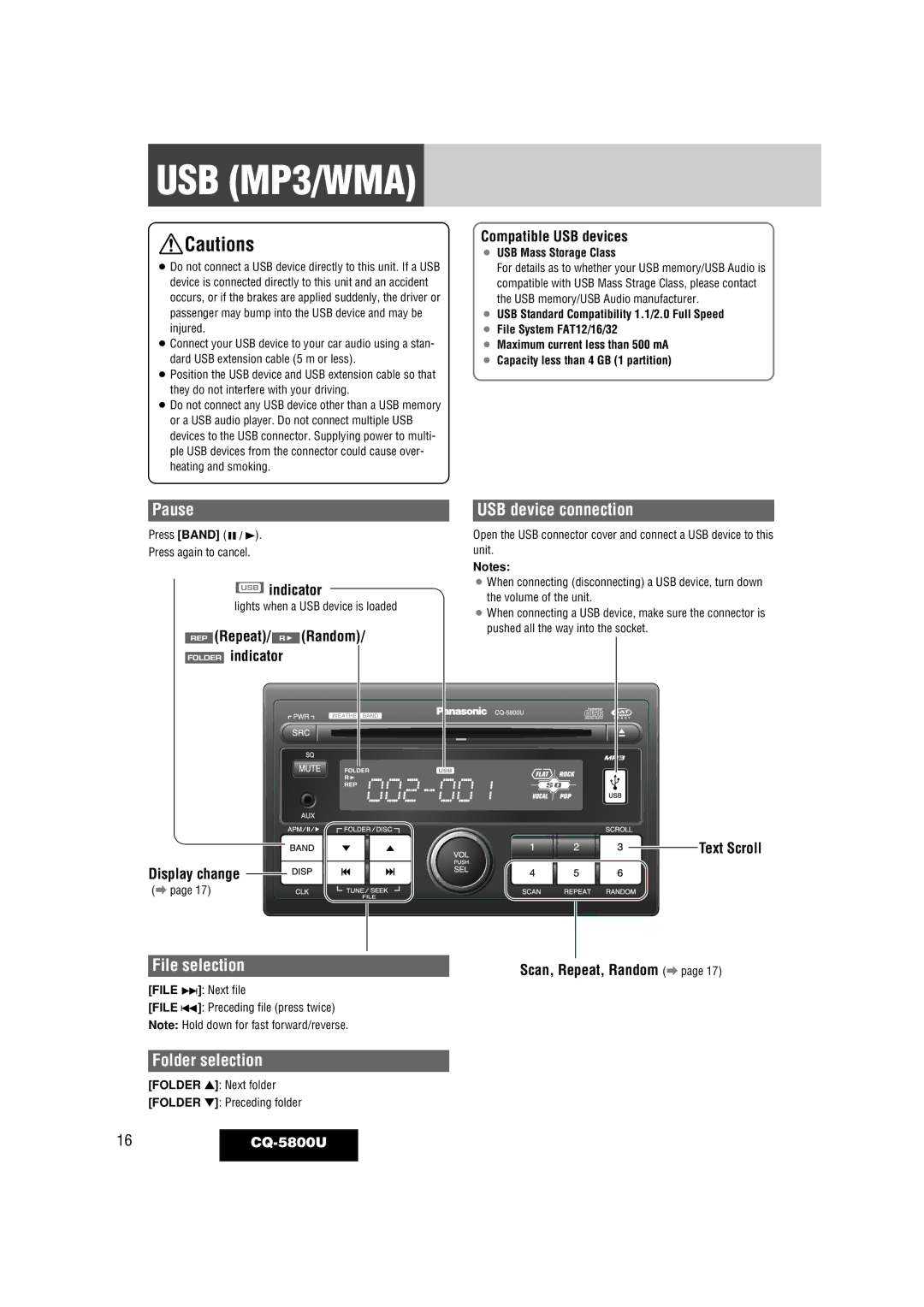 Panasonic CQ-5800U warranty USB device connection, File selection, Folder selection, Compatible USB devices, Indicator 