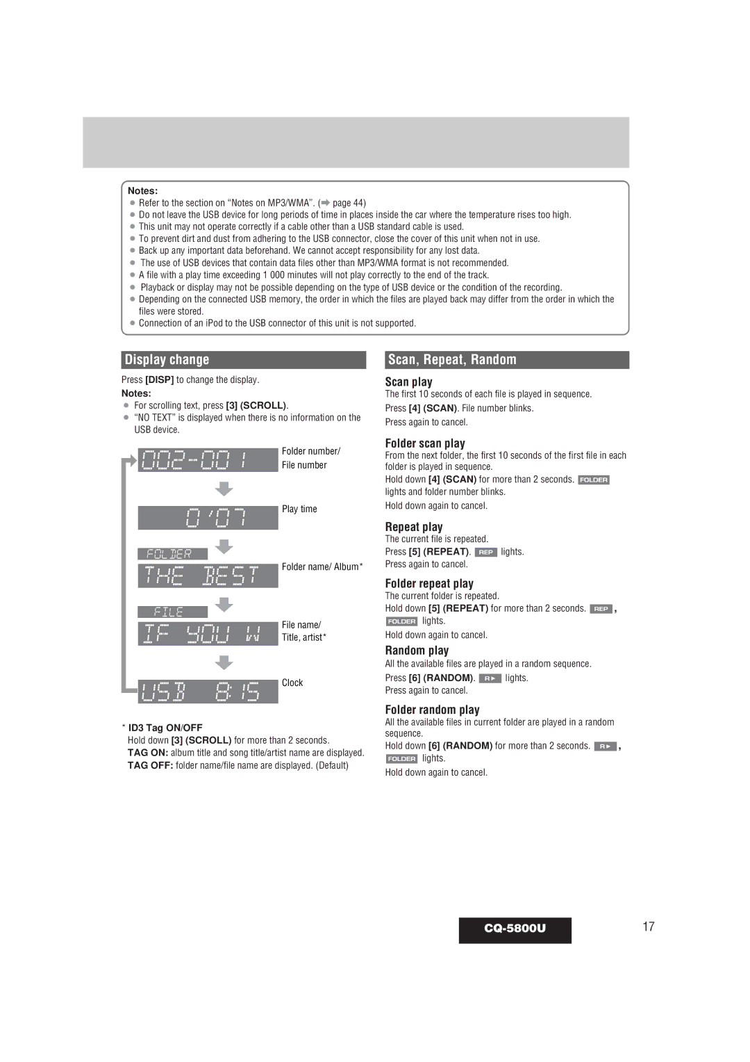 Panasonic warranty Folder scan play, Folder repeat play, Folder random play, CQ-5800U17 