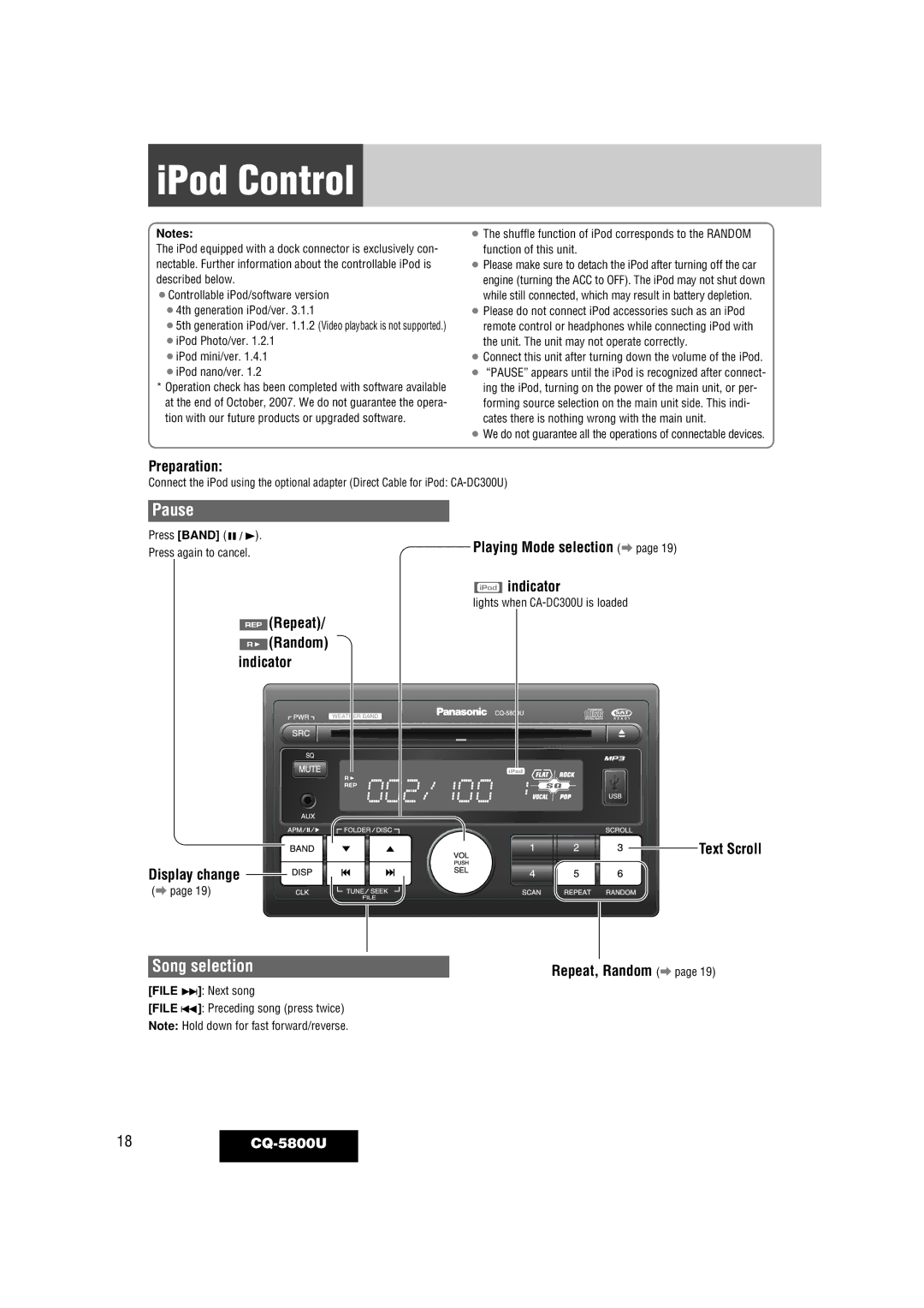 Panasonic warranty IPod Control, Song selection, Preparation, Text Scroll Repeat, Random a, 18 CQ-5800U 