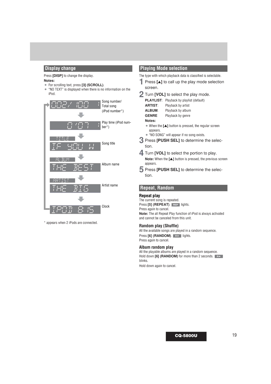 Panasonic warranty Playing Mode selection, Repeat, Random, Random play Shuffle, Album random play, CQ-5800U19 