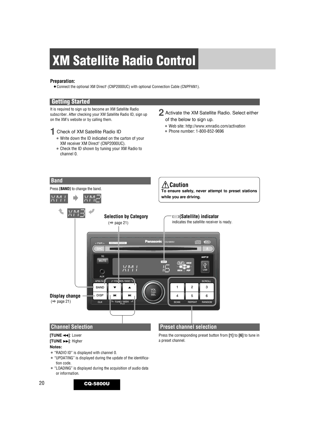 Panasonic CQ-5800U warranty XM Satellite Radio Control, Channel Selection, Preset channel selection, Satellite indicator 