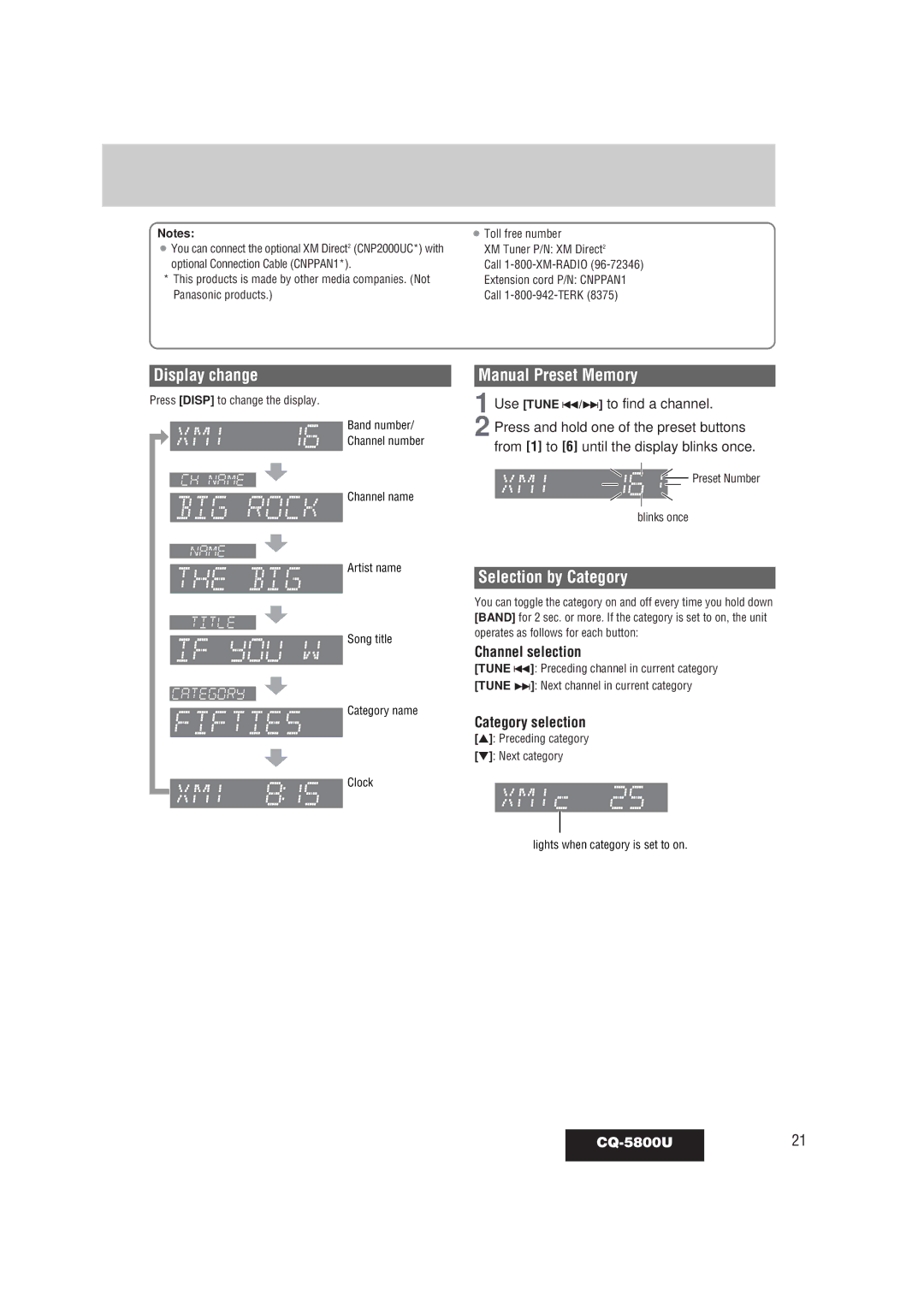 Panasonic warranty Manual Preset Memory, Selection by Category, Channel selection, Category selection, CQ-5800U21 