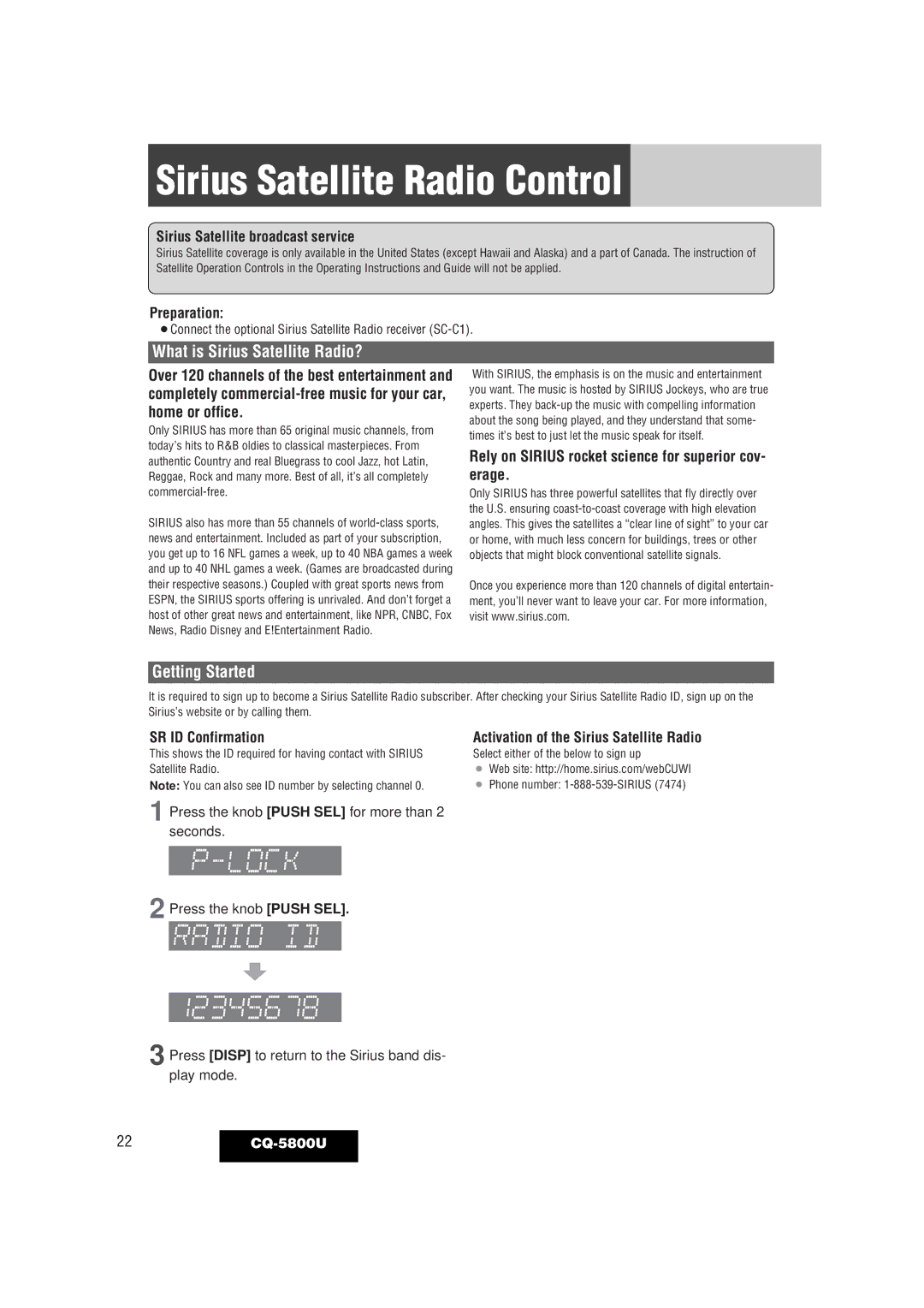 Panasonic CQ-5800U Sirius Satellite Radio Control, What is Sirius Satellite Radio?, Getting Started, SR ID Confirmation 