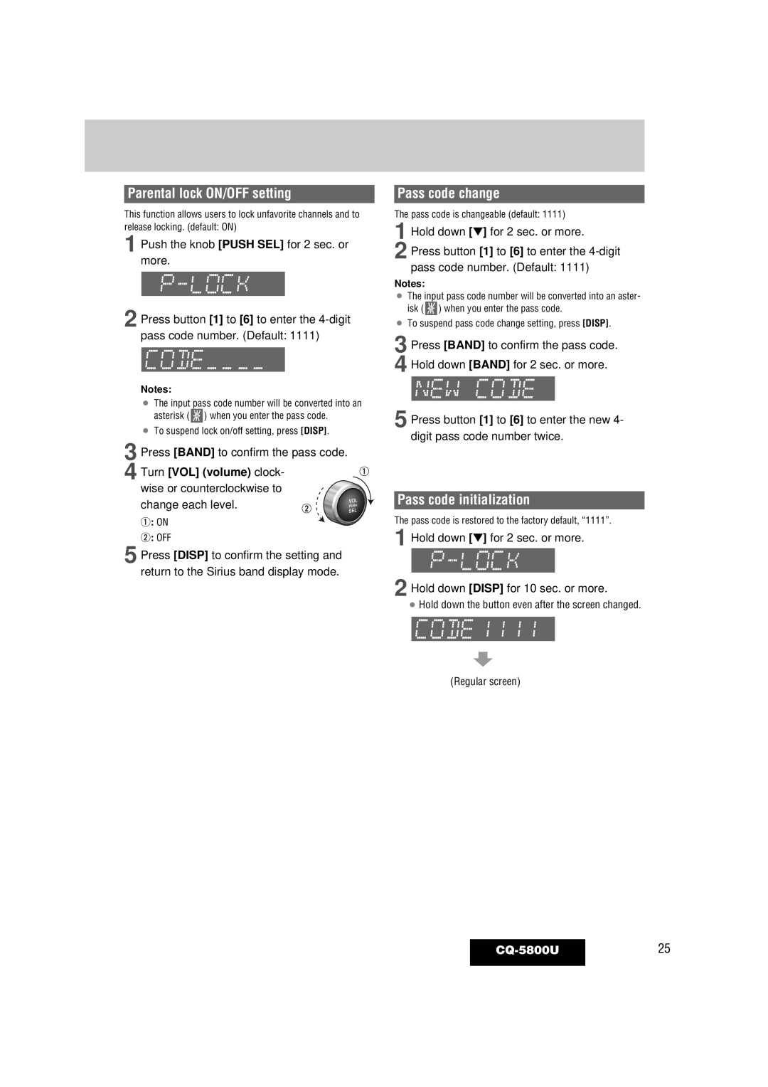 Panasonic warranty Parental lock ON/OFF setting, Pass code change, Pass code initialization, CQ-5800U25 