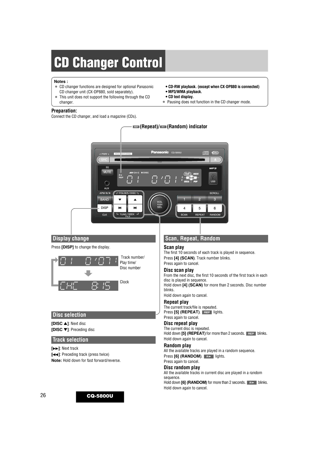 Panasonic CQ-5800U warranty CD Changer Control, Disc selection, Track selection 