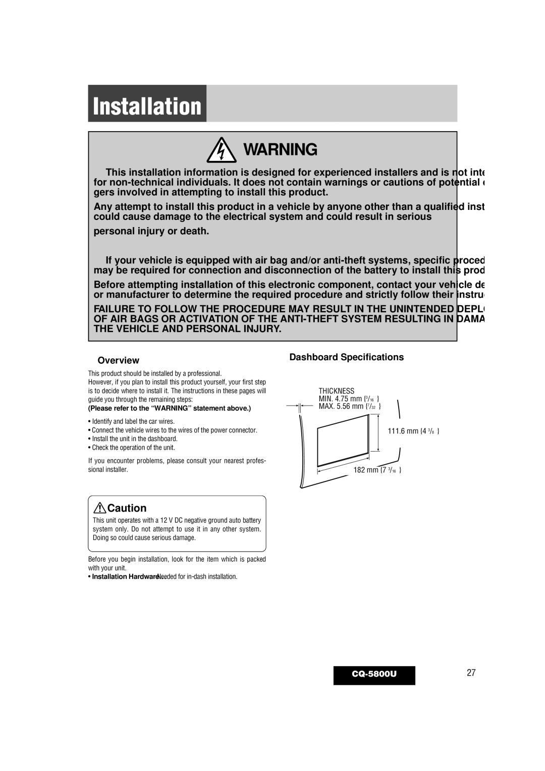 Panasonic warranty Installation, CQ-5800U27, Please refer to the Warning statement above 