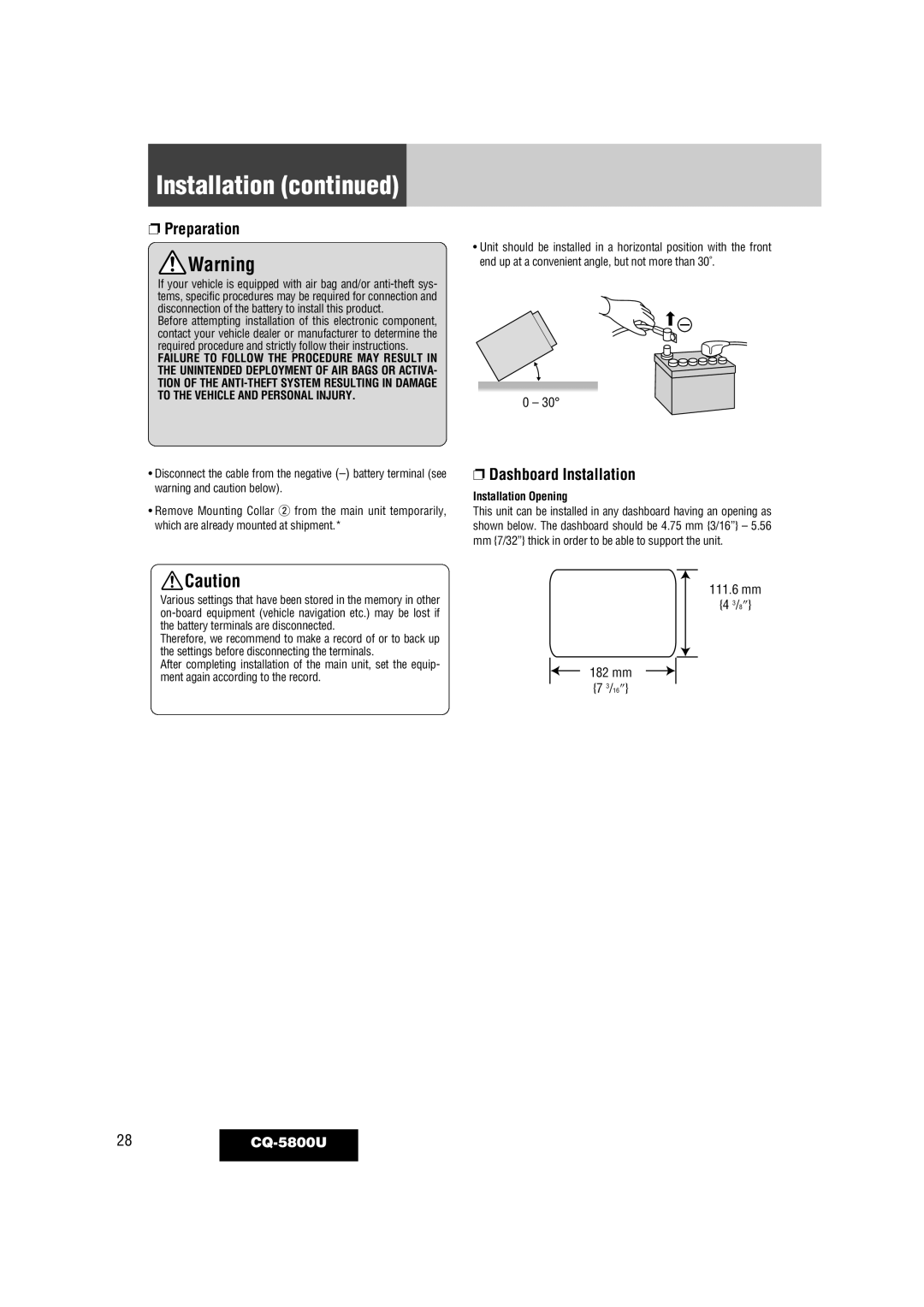 Panasonic warranty 28 CQ-5800U, Installation Opening 