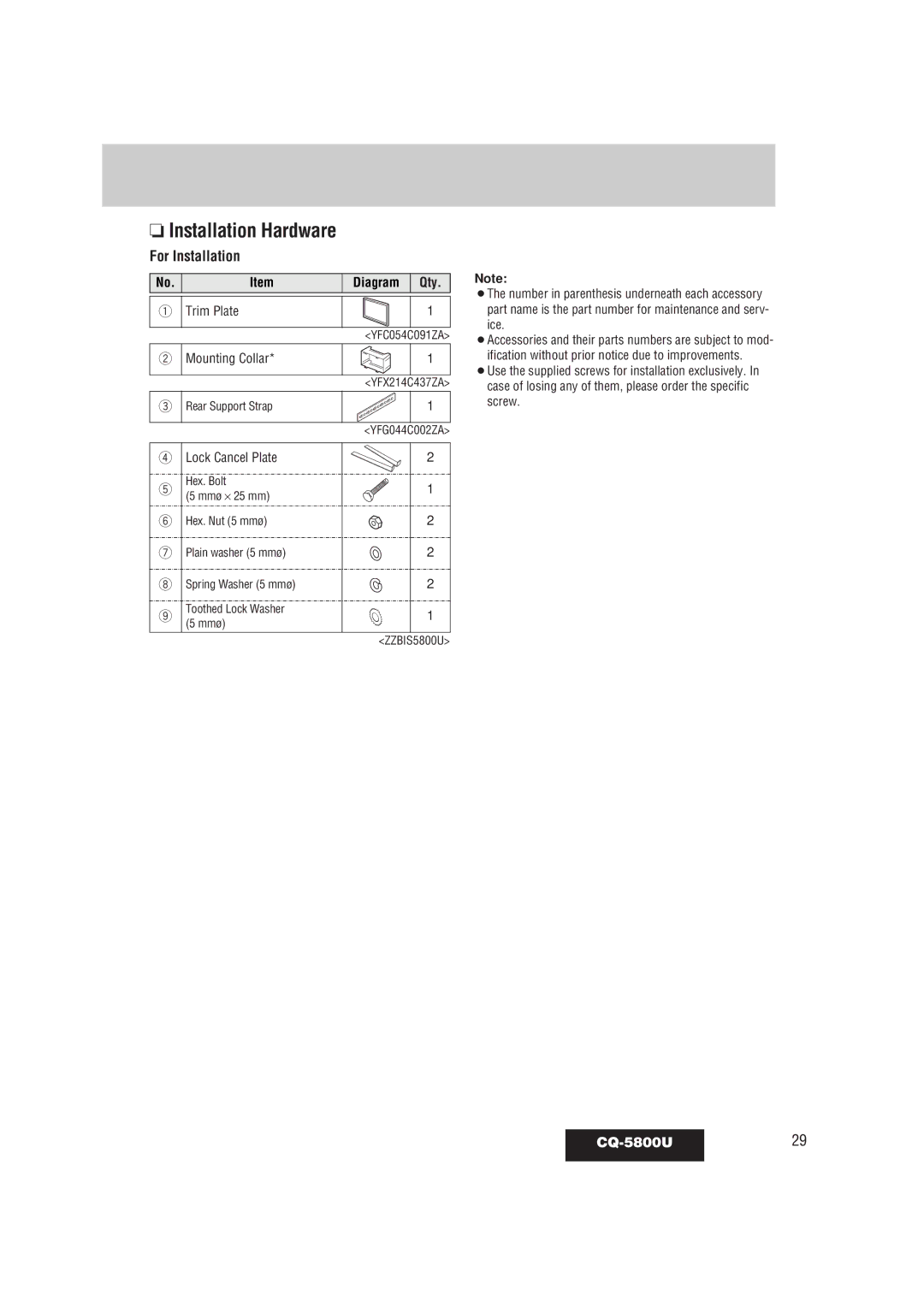 Panasonic warranty For Installation, CQ-5800U29, Diagram Qty 