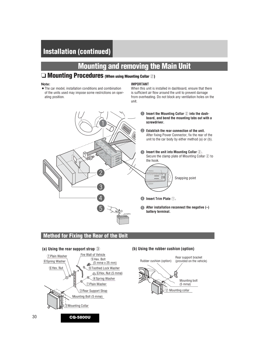 Panasonic warranty Mounting Procedures When using Mounting Collar w, 30 CQ-5800U, Insert the unit into Mounting Collar w 