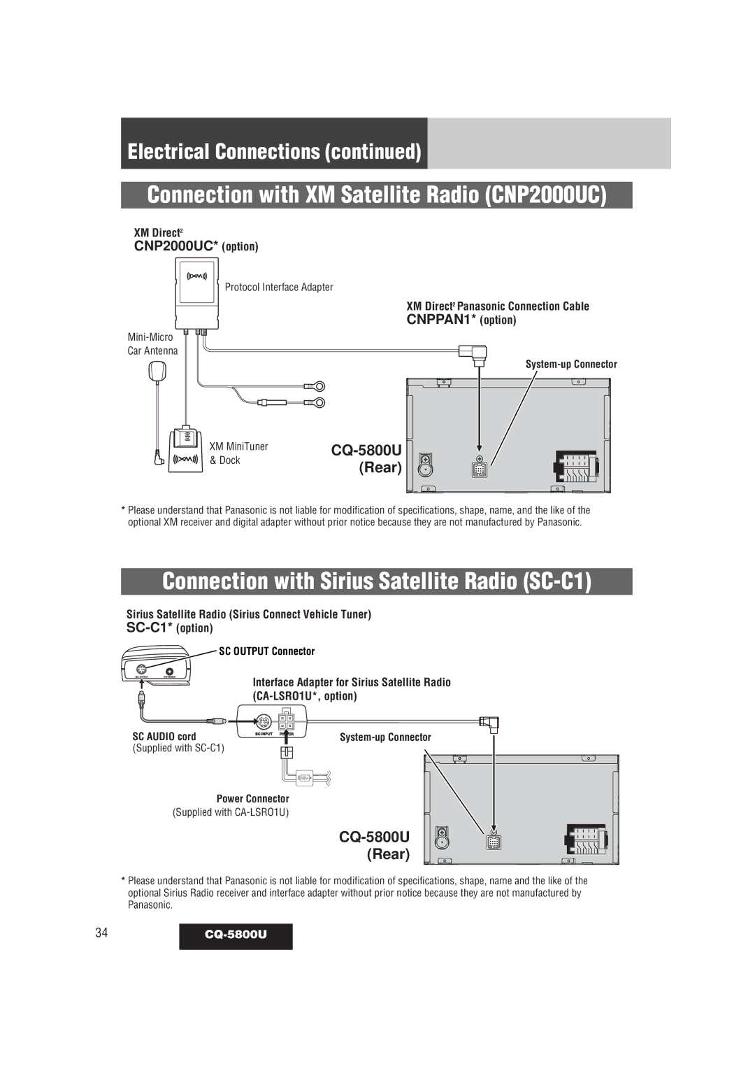 Panasonic warranty Electrical Connections, XM Direct2 Panasonic Connection Cable, 34 CQ-5800U 