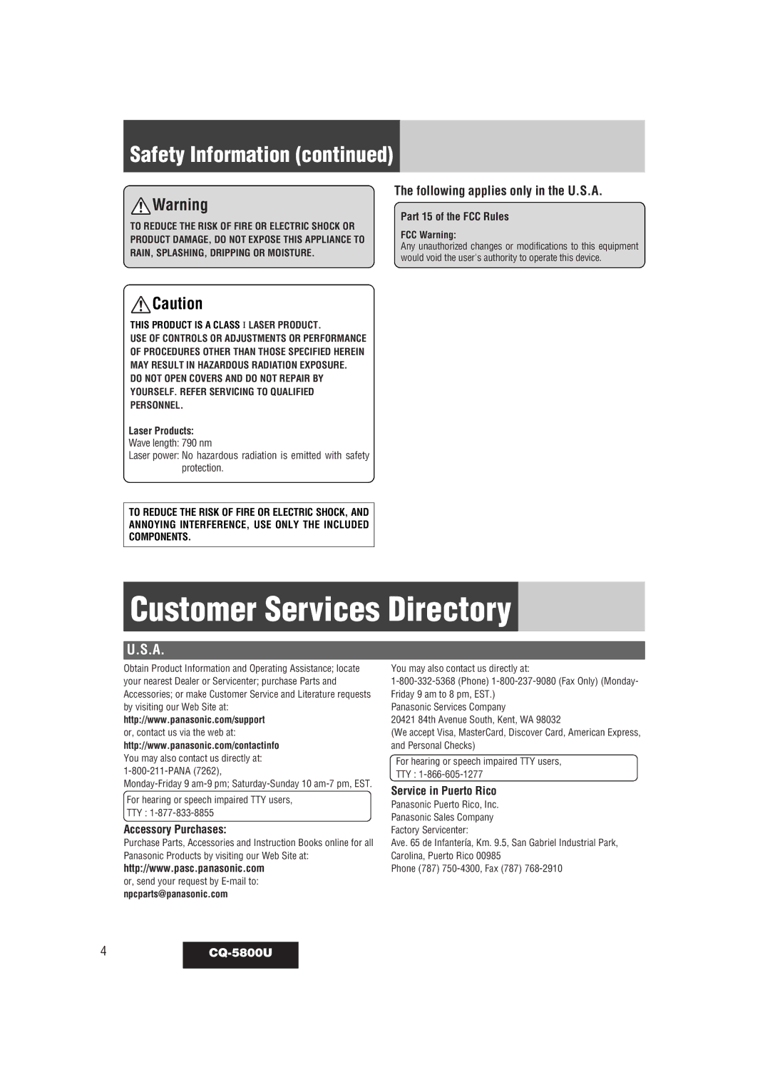 Panasonic CQ-5800U warranty Customer Services Directory, Safety Information, Following applies only in the U.S.A 