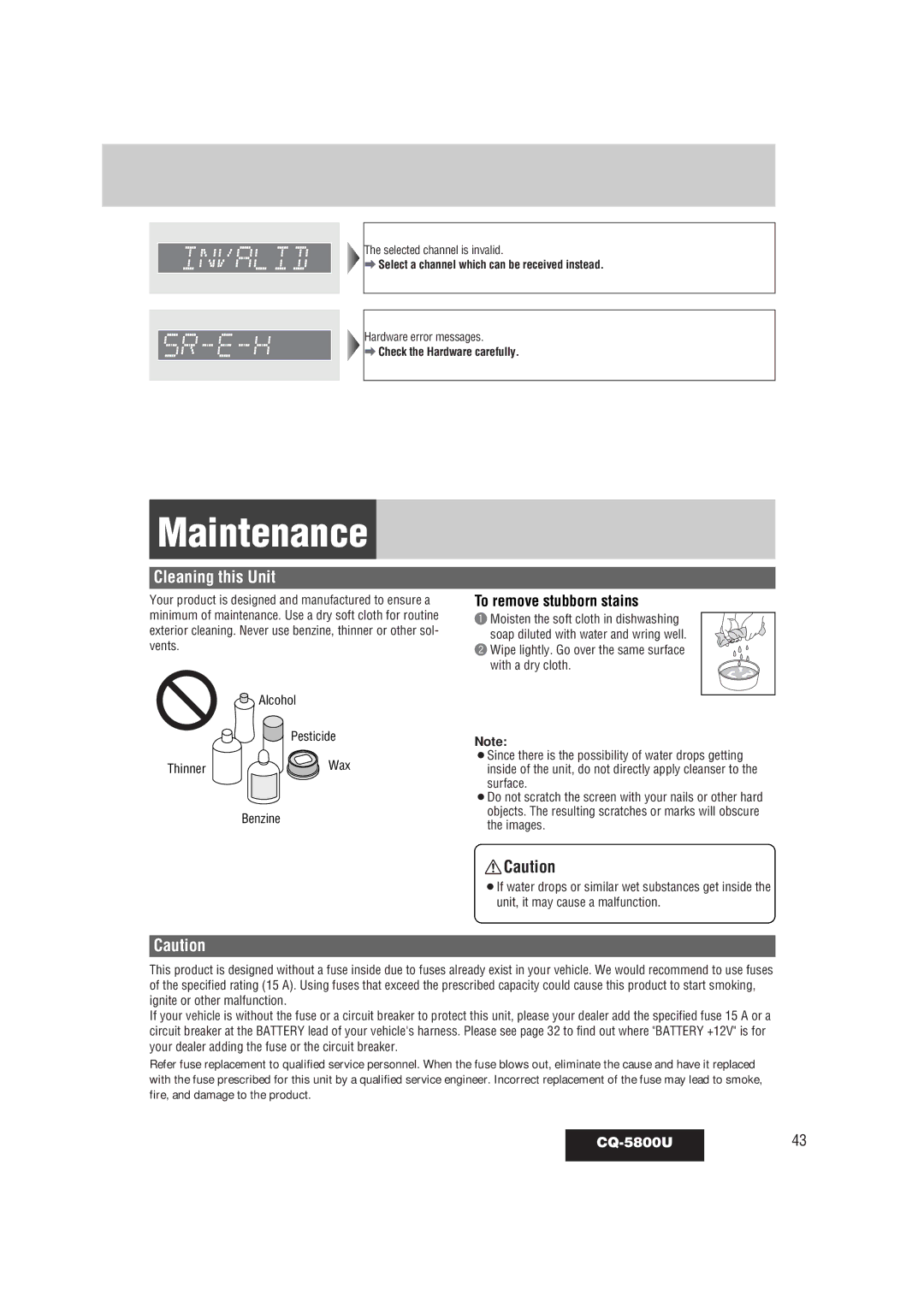 Panasonic warranty Maintenance, Cleaning this Unit, To remove stubborn stains, CQ-5800U43 