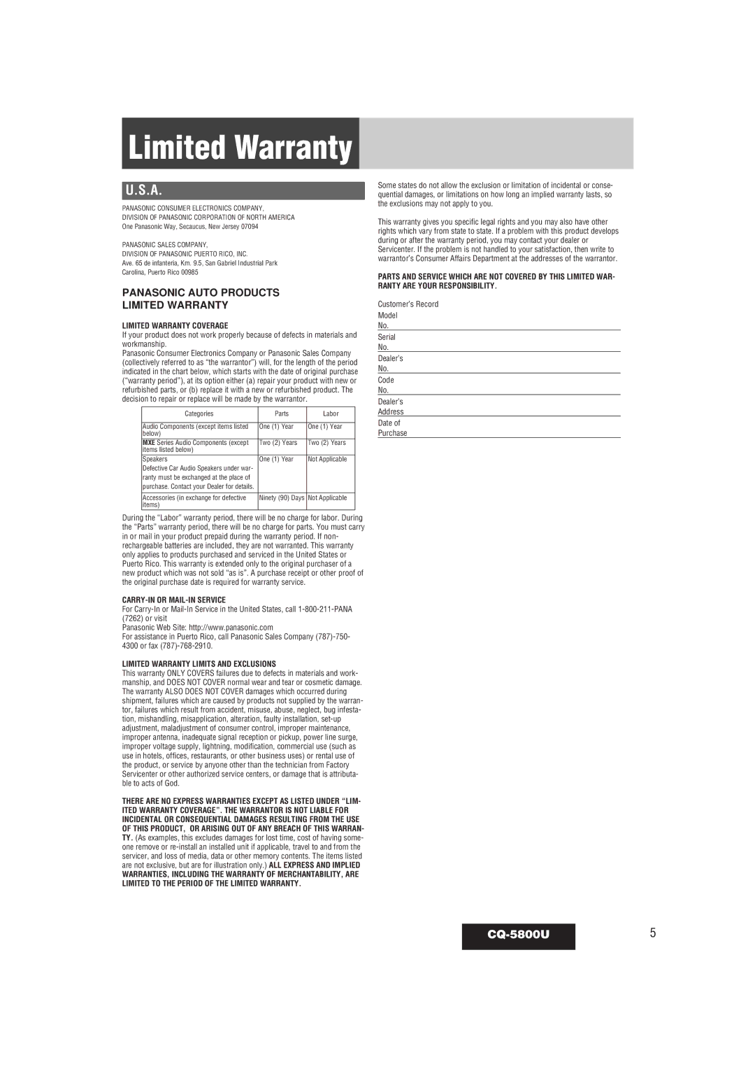 Panasonic warranty Limited Warranty, CQ-5800U5 