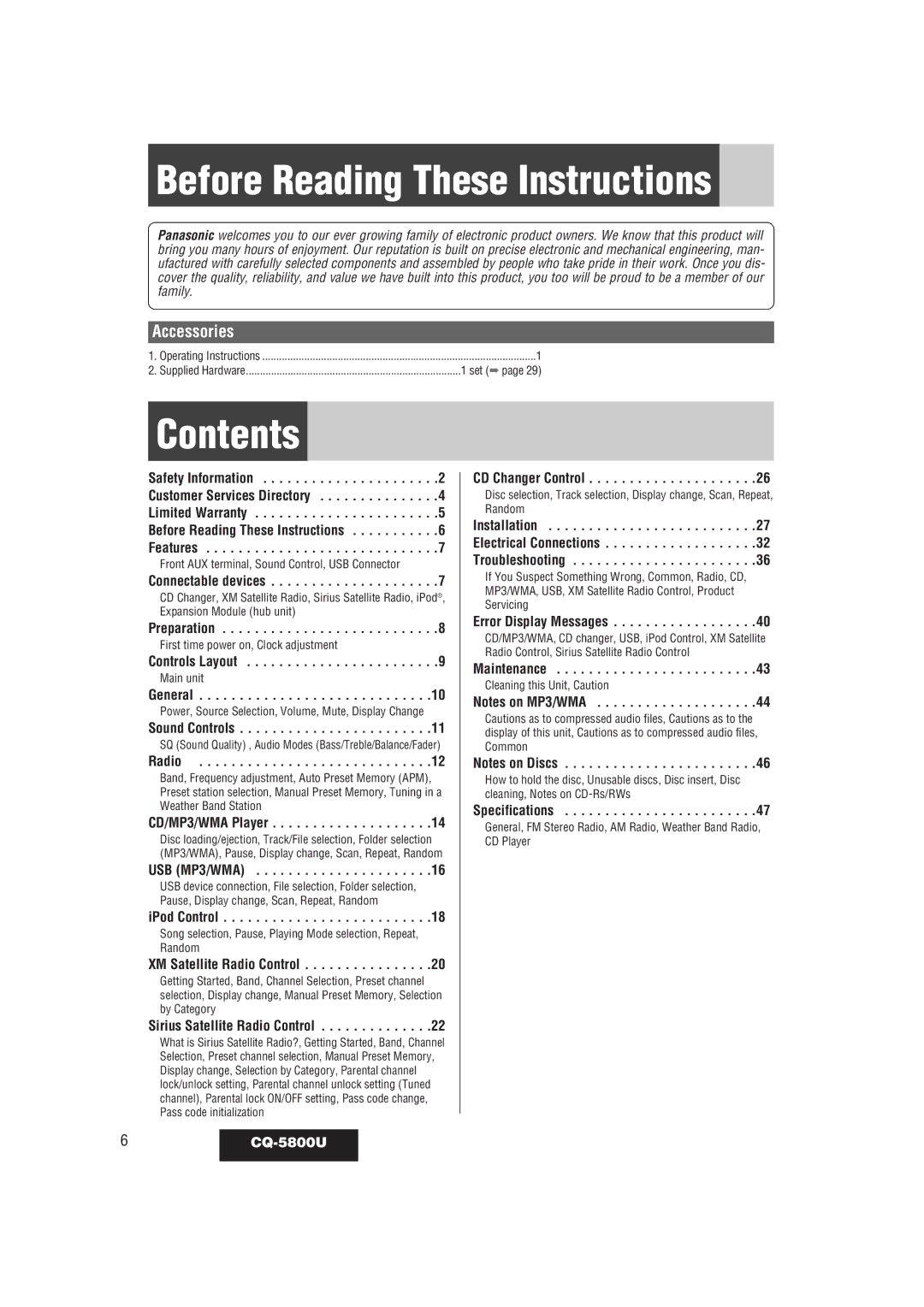 Panasonic CQ-5800U warranty Before Reading These Instructions, Contents 