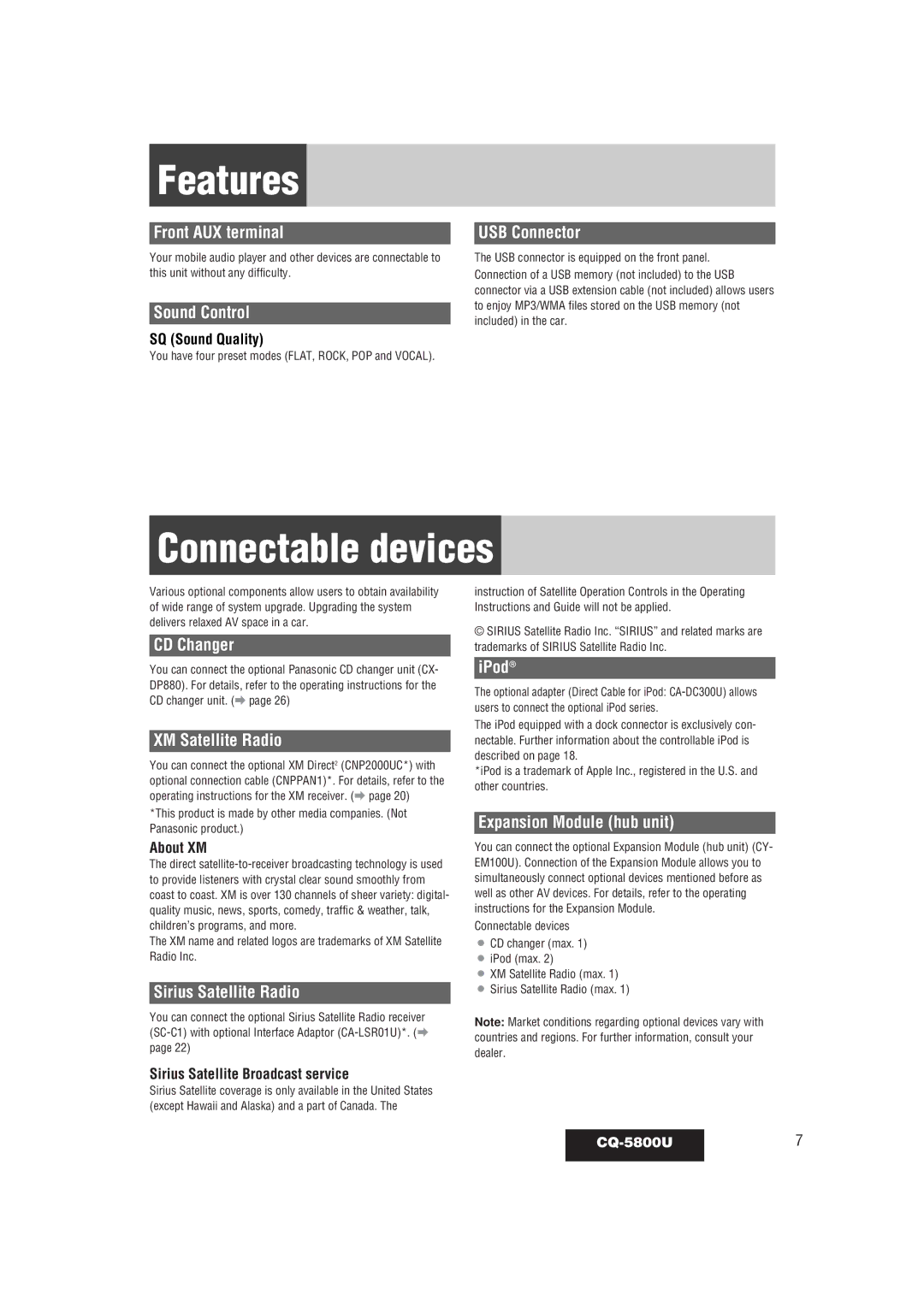 Panasonic CQ-5800U warranty Features, Connectable devices 