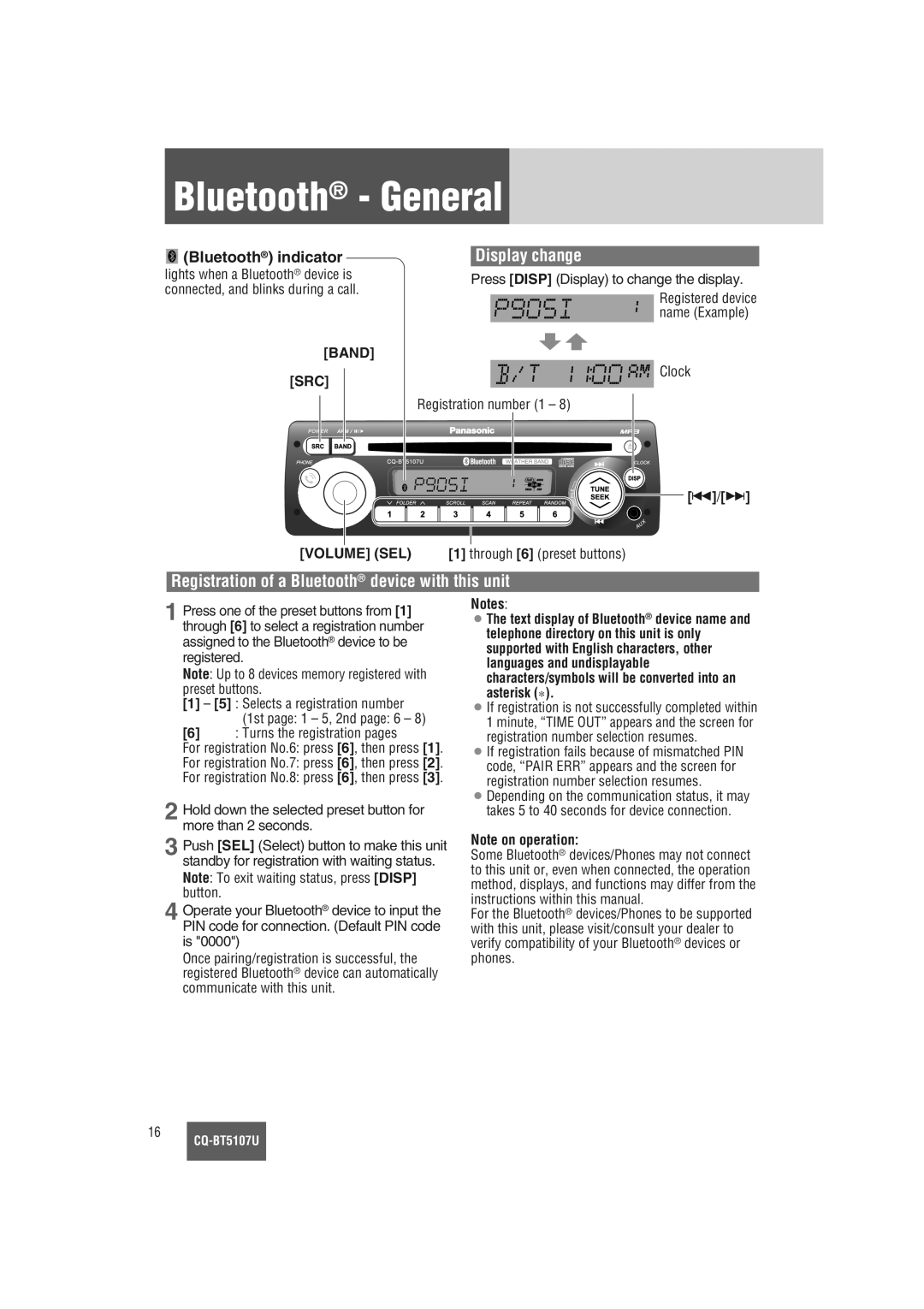 Panasonic CQ-BT5107U warranty Bluetooth General, Registration of a Bluetooth device with this unit, Bluetooth indicator 