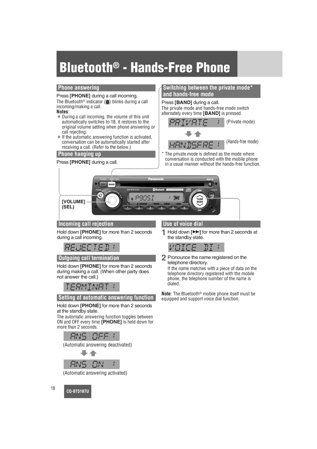 Panasonic CQ-BT5107U warranty Bluetooth Hands-Free Phone 