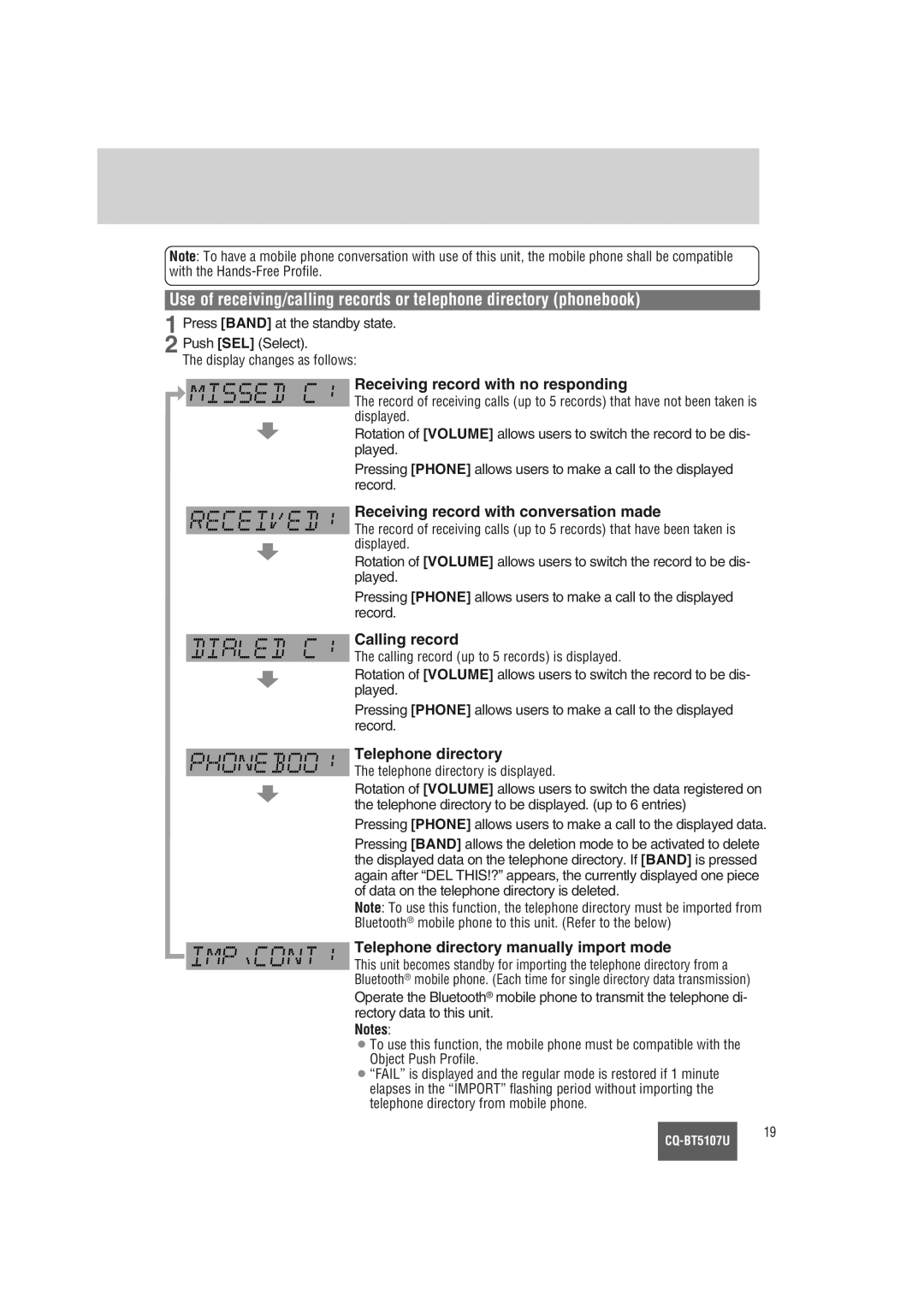 Panasonic CQ-BT5107U warranty Receiving record with no responding, Receiving record with conversation made, Calling record 