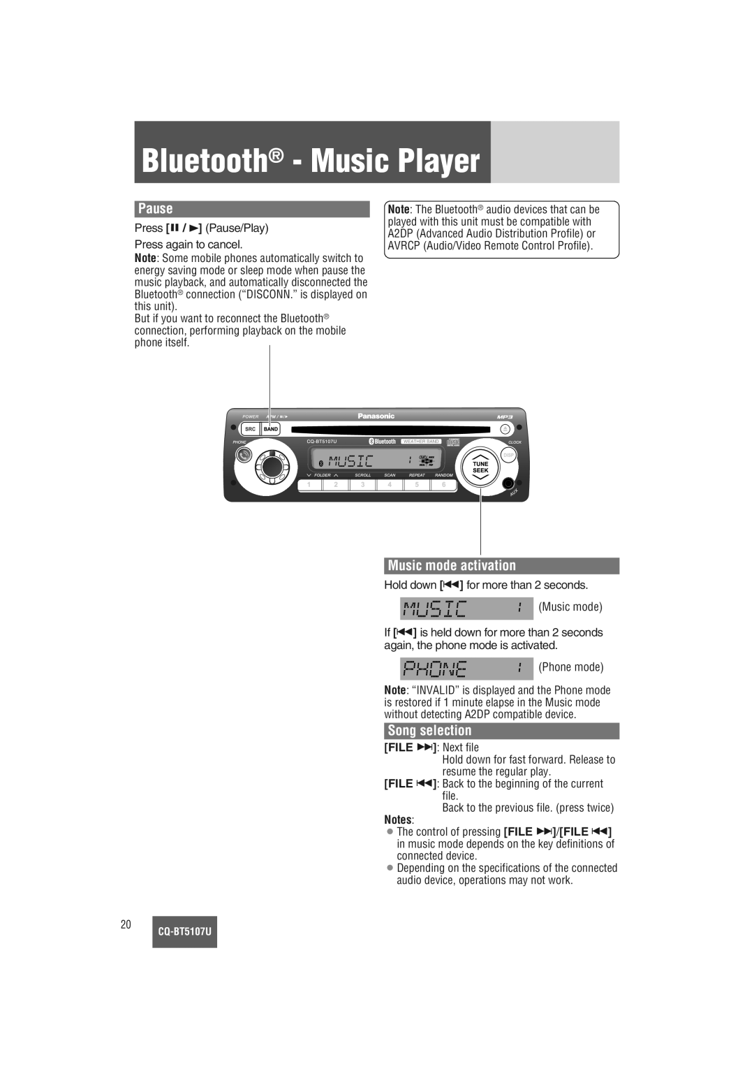 Panasonic CQ-BT5107U warranty Bluetooth Music Player, Music mode activation, Song selection, File d Next file 