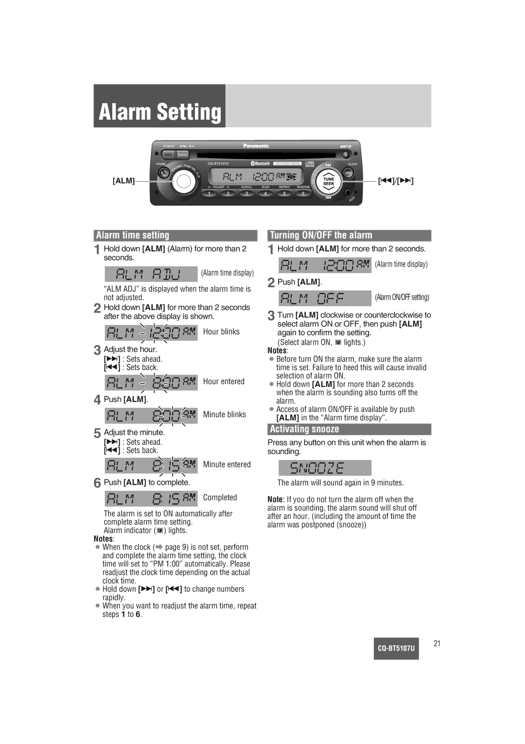 Panasonic CQ-BT5107U warranty Alarm Setting, Alarm time setting, Turning ON/OFF the alarm, Activating snooze 