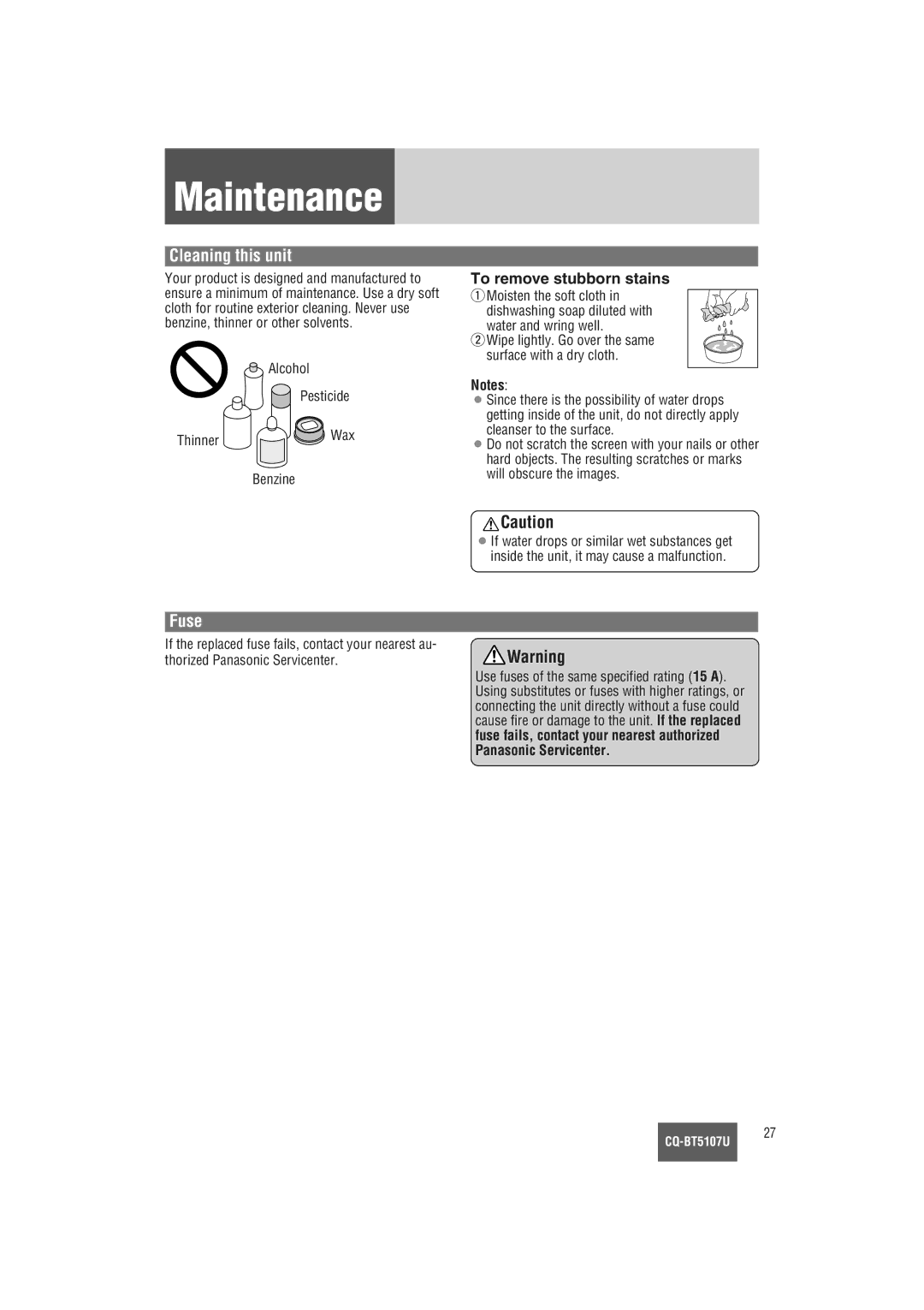 Panasonic CQ-BT5107U warranty Maintenance, Cleaning this unit, Fuse, To remove stubborn stains 