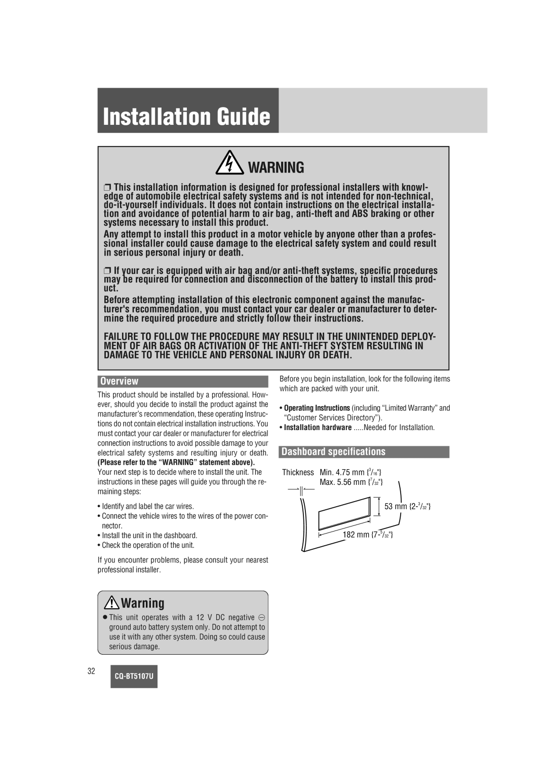 Panasonic CQ-BT5107U warranty Installation Guide, Overview, Dashboard specifications 